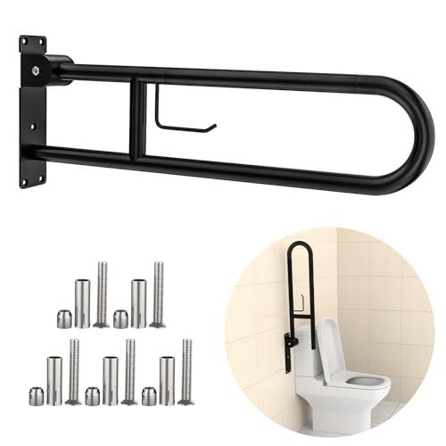 YuanDe Toilet Grab Bar 30.3 Inch, YuanDe Flip Up Grab Bar with Paper Holder,Matte Black Anti-Slip Safety Bars for Toilet, Stainless Steel Knurled Toilet Handles for Seniors Disabled Elderly Pregnant