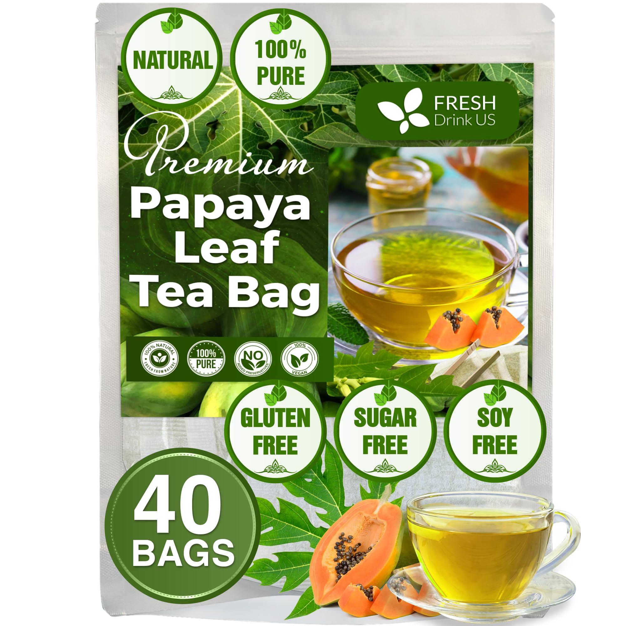 FRESHDRINKUS FreshDrinkUS, Premium 40 Papaya Leaf Tea Bags, 100% Natural & Pure from Papaya Leaves. Loose Leaf Papaya Herbal Tea. Made with Natural Material Tea Bags. No Sugar, No Caffeine, No Gluten, Vegan.