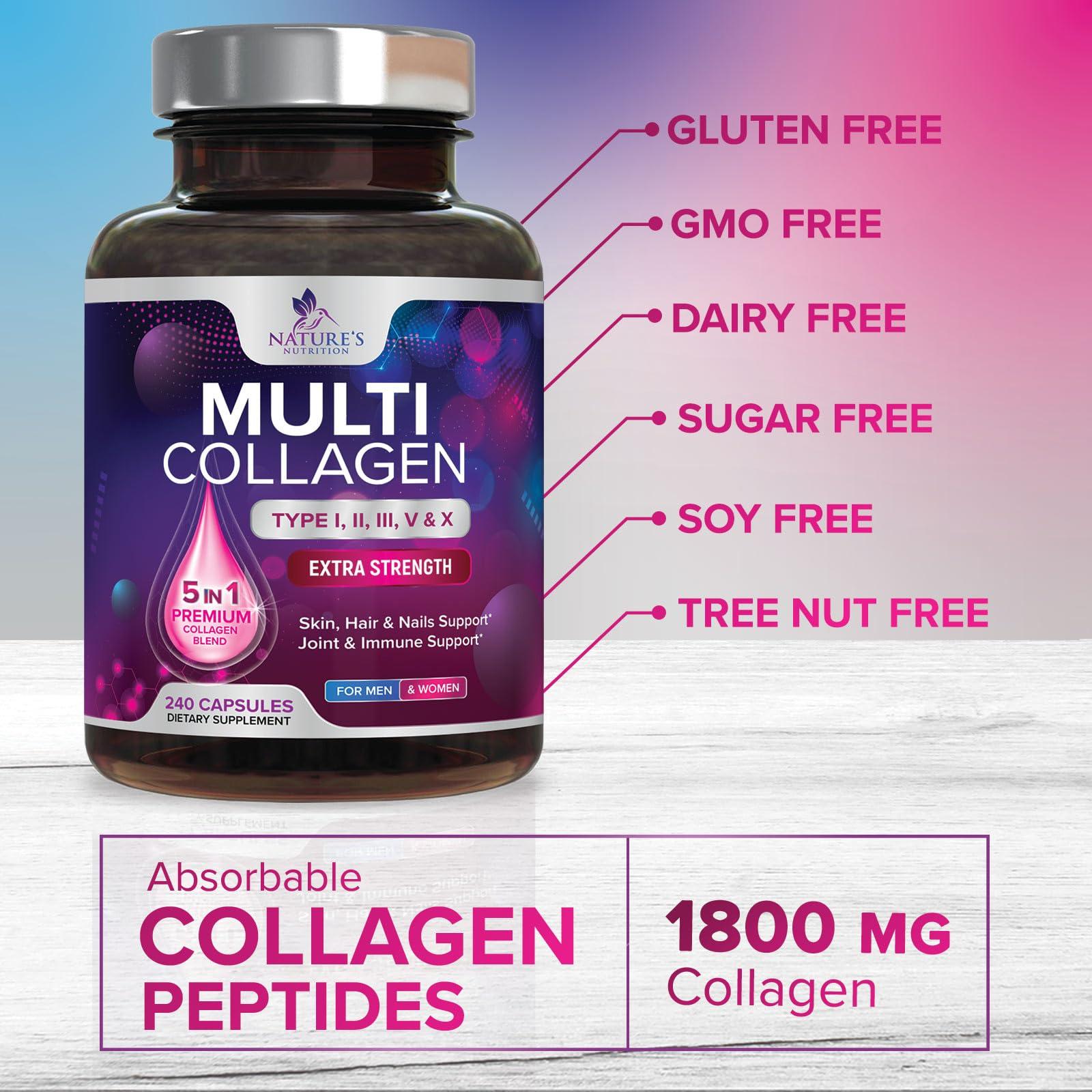 Nature's Nutrition Multi Collagen Supplement for Women & Men - Type I, II, III, V, X Multi Collagen Pills, Hydrolyzed Collagen Peptides Supplements, Nature's Hair, Skin, Nail, and Joint Support Supplement, 240 Capsules
