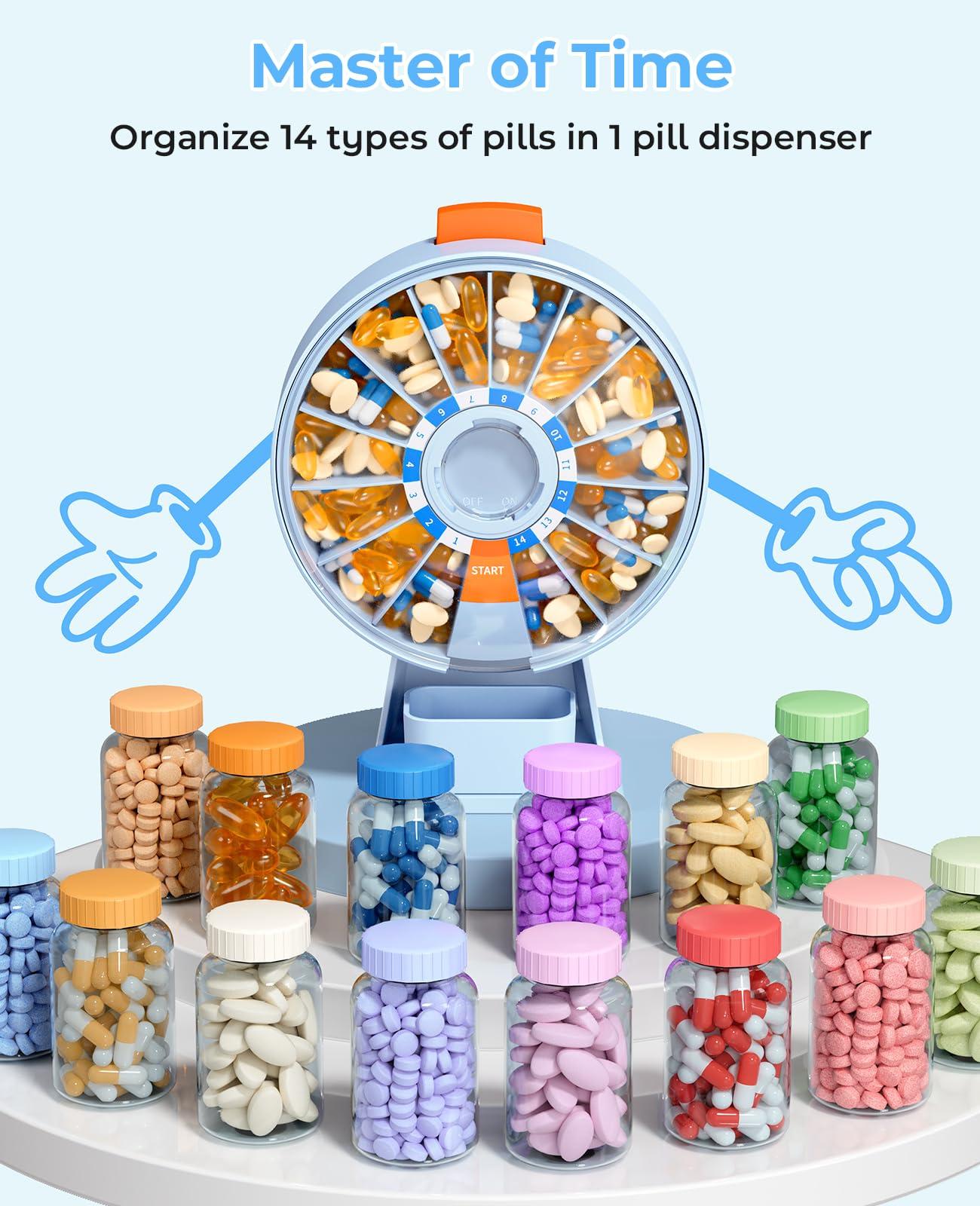 Daviky Daviky Pill Dispenser Daily, Large Pill Organizer with Wall-Mounted or Standing Use, 14 Days Pill Container, Push Button Design, Weekly Pill Box for Vitamin, Medicine,Supplement, Fish Oil(Blue)