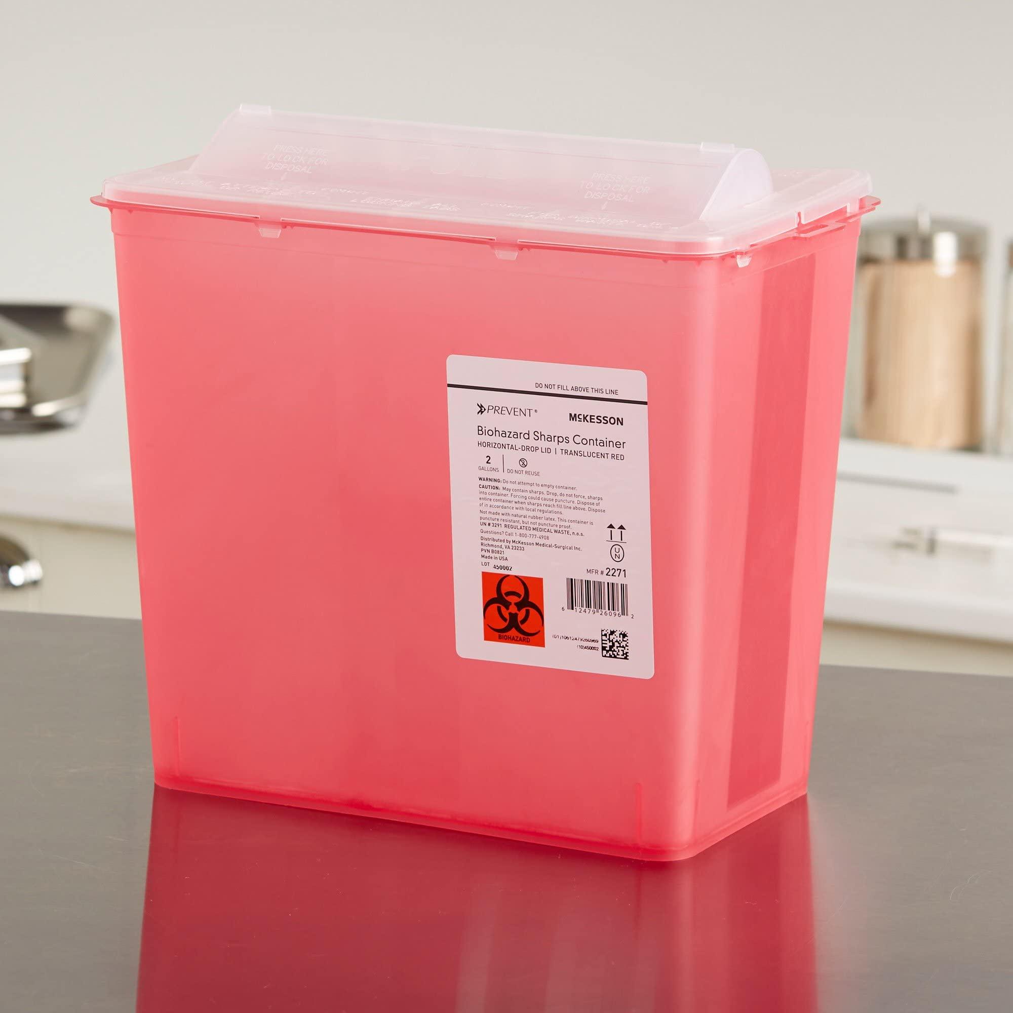 McKesson McKesson Prevent Sharps Container for Home Use, 2 Gallon - for Biohazard Infectious Waste, Needle and Syringe Disposal - Translucent, Touchless Lid - Red, 1 Count