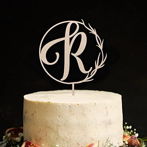 Vinisong Vinisong Personalized Initials Cake Topper Wreath Letter R Cake Topper Wood Monogram Cake Topper Rustic Wedding Cake Topper Birthday Cake Decoration(Design 06,R)