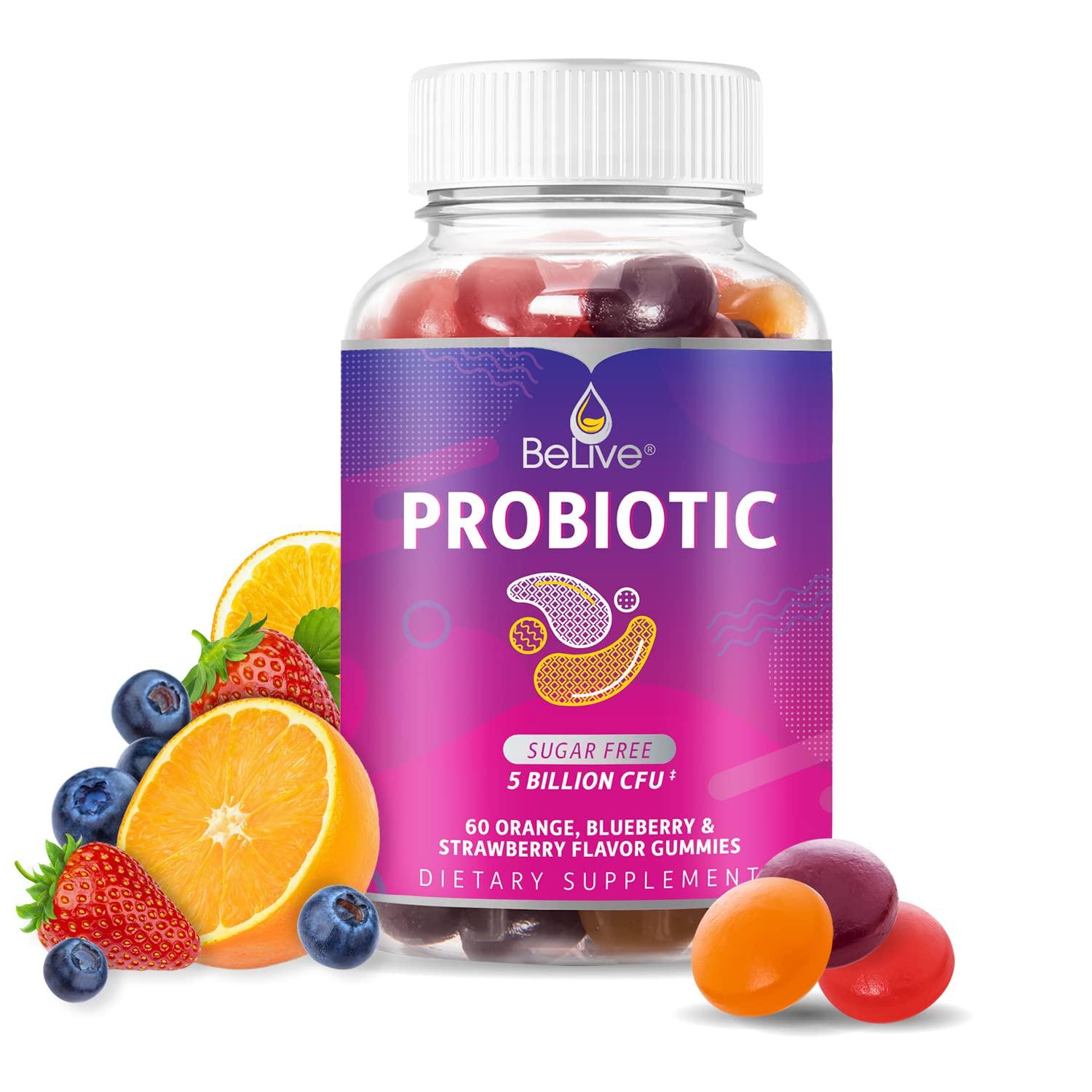 BeLive BeLive Probiotic Gummies - Probiotics with 5 Billion CFUs for Digestive Health, Men, Women & Kids - for Immune Support, Sugar Free & Vegan | 60 Ct – Blueberry, Strawberry & Orange