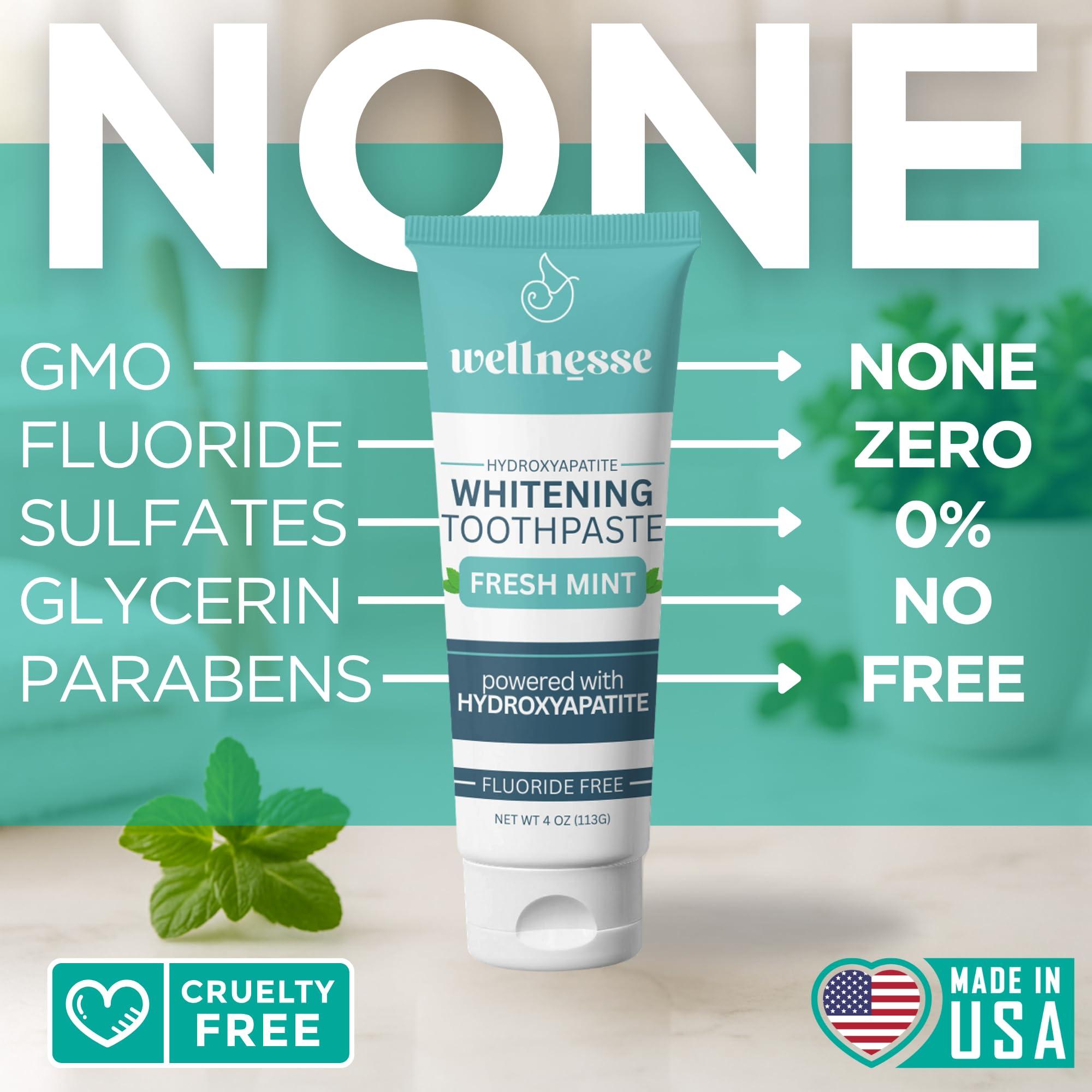 Wellnesse Wellnesse Whitening Toothpaste - Teeth Whitening Fluoride Free Natural Toothpaste - Fresh Mint - 3 Tubes, 4 oz - Made with Hydroxyapatite Powder, Green Tea Powder, and Aloe Vera