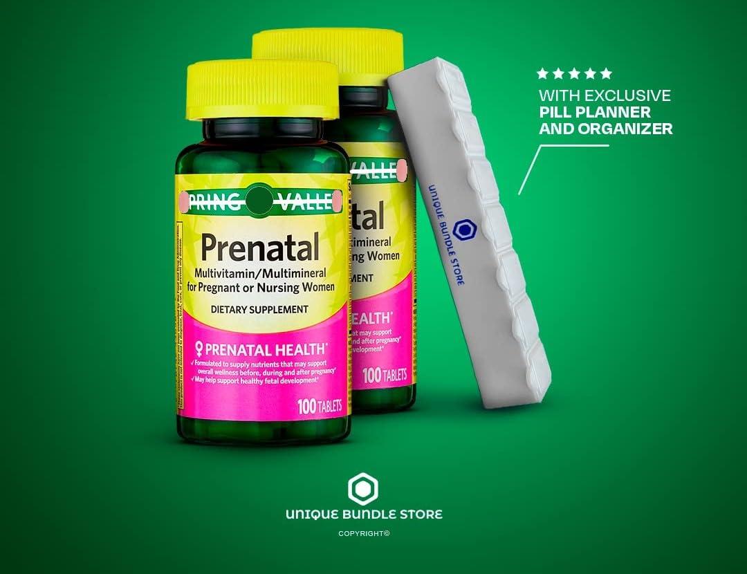 Unique Bundle Store Spring Valley, Prenatal Multivitamin, Multimineral Tablets Dietary Supplement, Prenatals for Women, 100 Count + 7 Day Pill Organizer Included (Pack of 2)