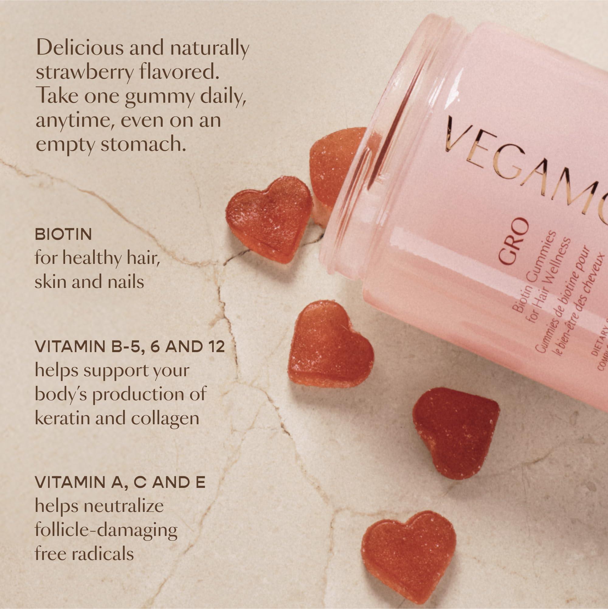 VEGAMOUR VEGAMOUR GRO Biotin Gummies, Strawberry Flavor with 5000 mcg Biotin, Supports Healthy Hair Vegan Gummies with Vitamins A, B, C, E, B-12 & More, 30 Ct