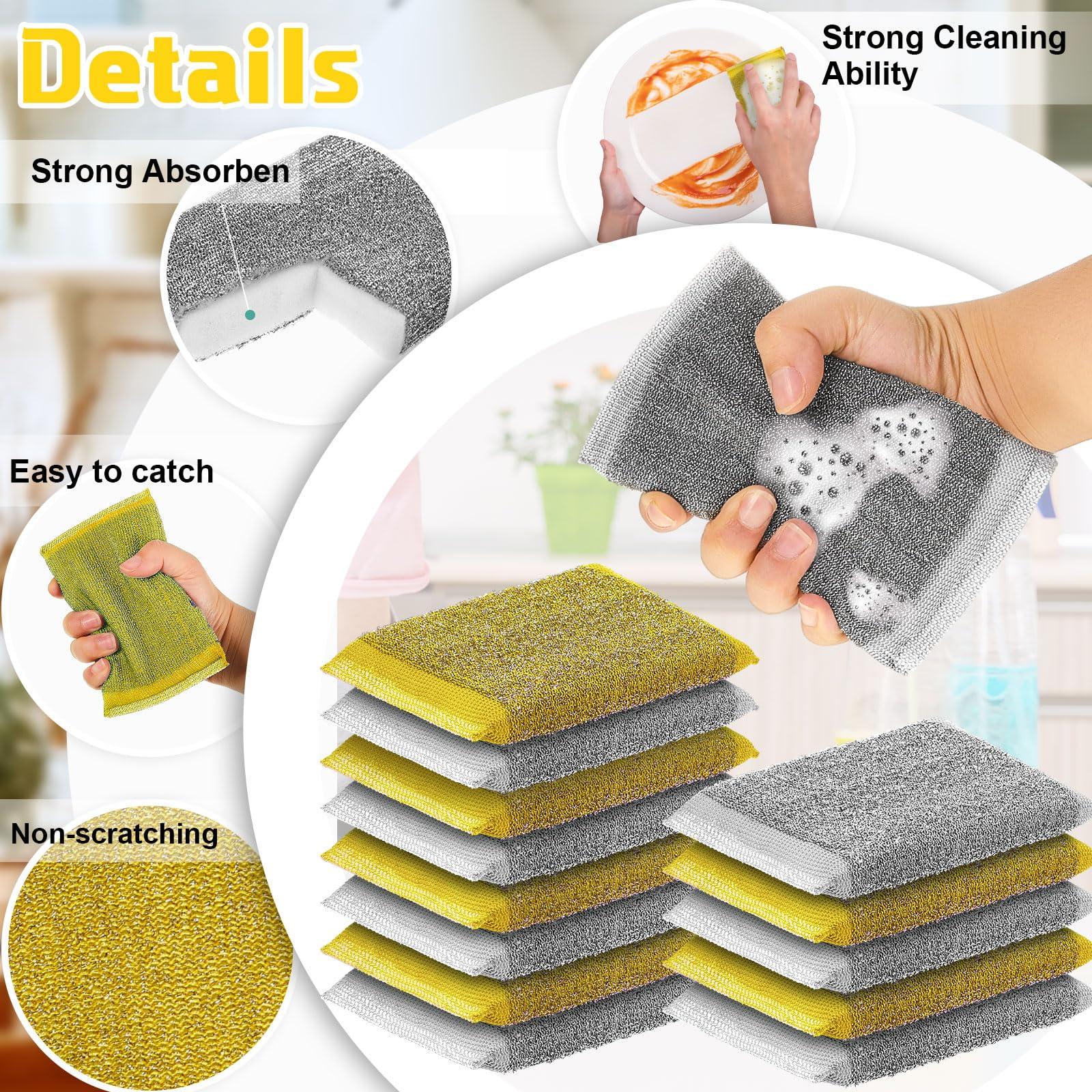 Thyle Thyle 24 Pack Steel Scrub Sponges for Dishes Non Scratch Scouring Sponge Multi Use Metal Scrubber Heavy Duty Dish Wash Kitchen Sponge for Pot Dish Washing Hard Surface Cleaning Tools (Gray, Yellow)