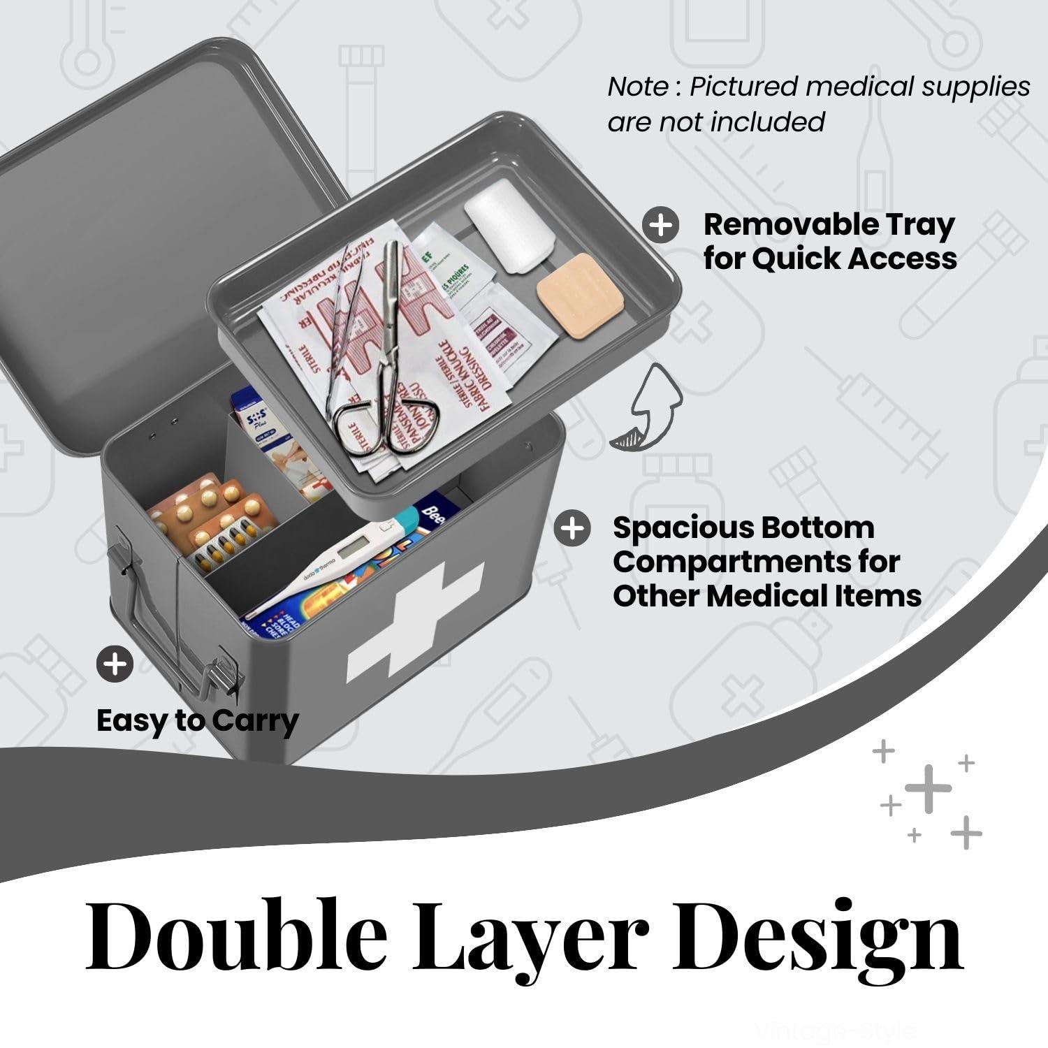 Flexzion Flexzion First Aid Box Organizer, Empty 8.5 Inch Gray Vintage First Aid Kit Tin Metal Medical Box First Aid Storage Box Container Bins with Dividers, Removable Tray and Cross Logo