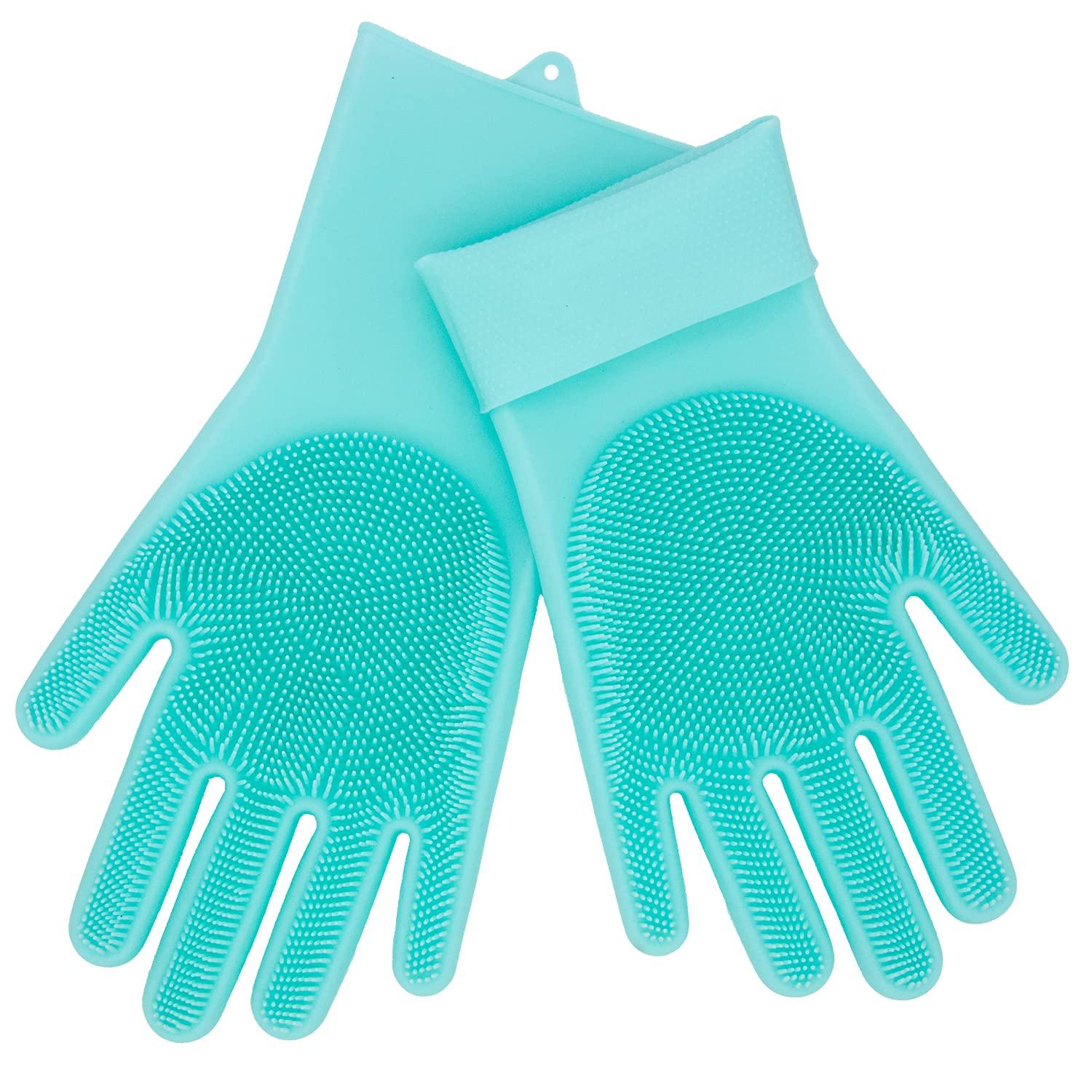 HealthyLifeUS HealthyLifeUS Silicone Dishwashing Gloves Reusable Non slip Heat Resistant for Kitchen Bathroom Car Wash Pet large 240g thick 1 Pair (Blue)