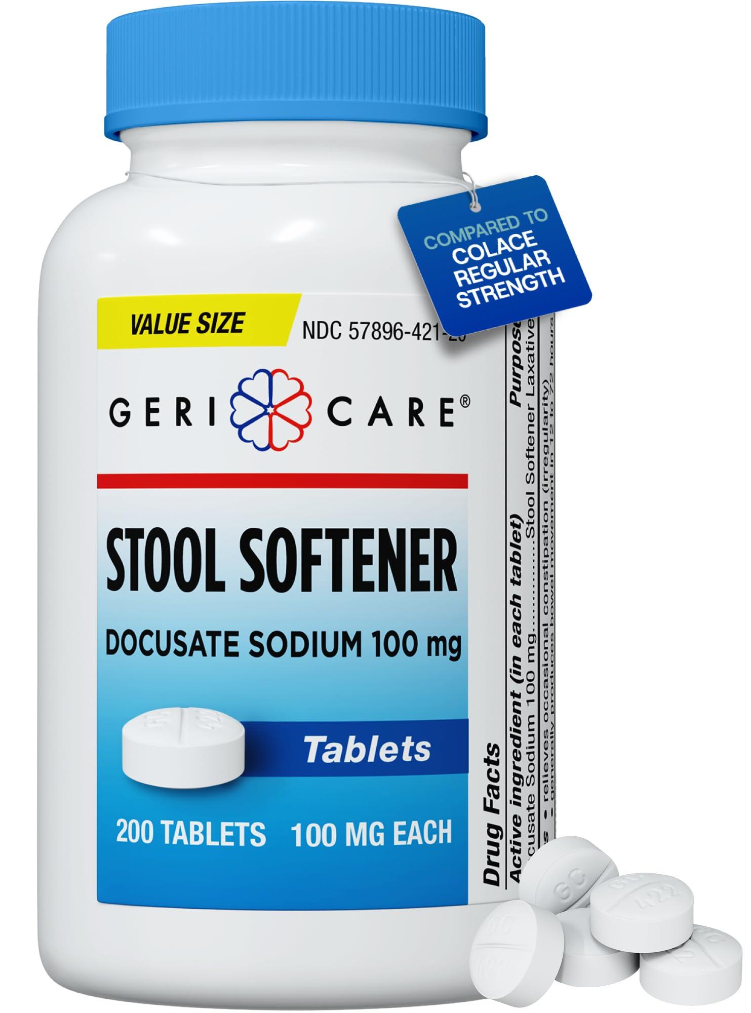 GeriCare GeriCare Docusate Sodium Stool Softeners, Best Stool Softener for Daily use for Women, Men, and Elderly - Ideal for Constipation Relief 100mg Crushable Tablets. (200 Count) Made in The USA.