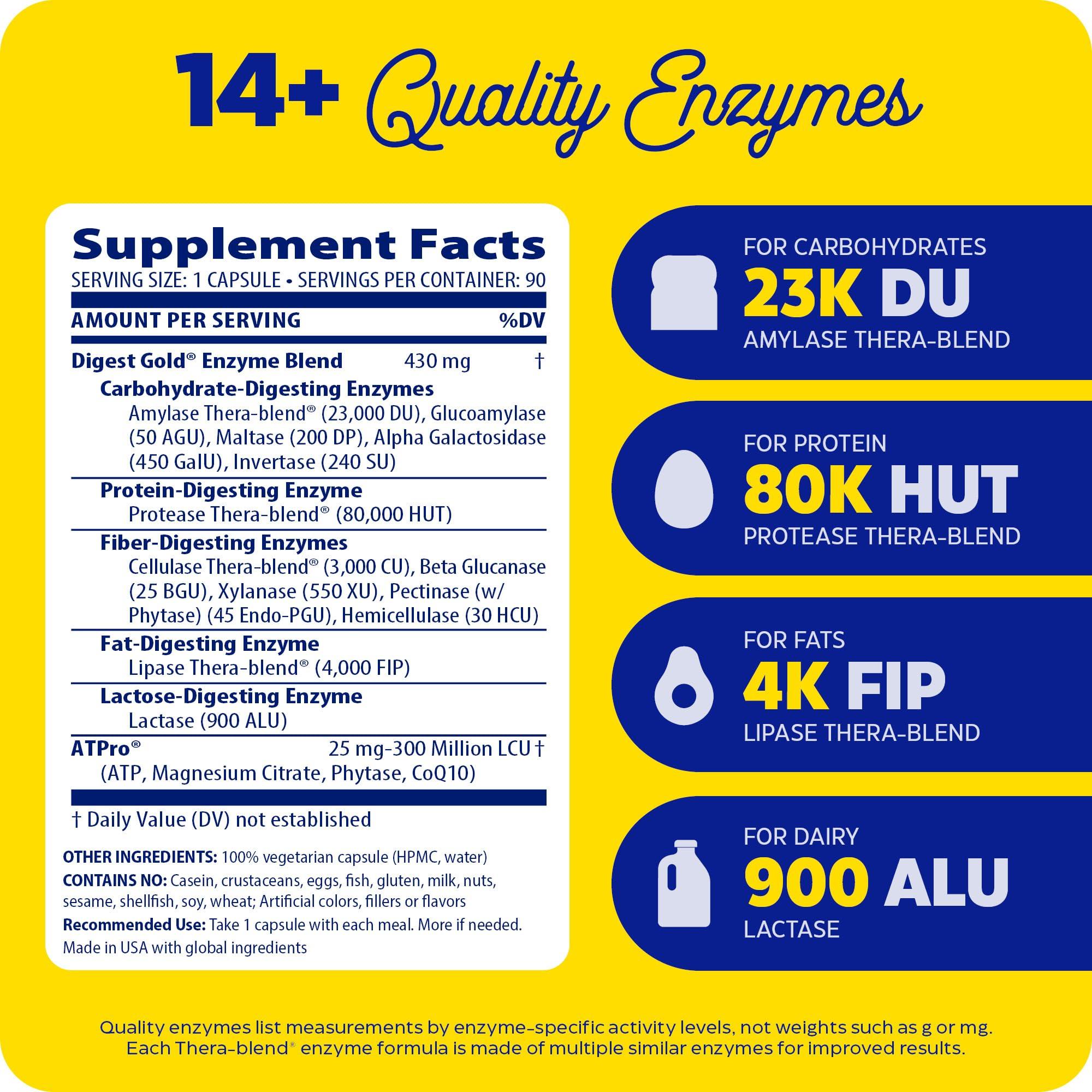 Enzymedica Enzymedica Digest Gold + ATPro Maximum Strength Digestive Enzymes | Prevents Bloating Gas & Indigestion, Natural Digestion Support, Multi Enzyme Amylase, Protease, Lipase & Lactase, 90 Capsules