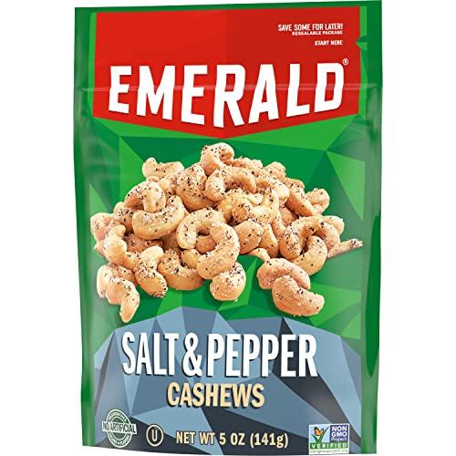 Emerald Emerald Nuts Salt and Pepper Seasoned Cashews (1-Pack), 5oz Resealable Bag, Kosher Certified, Non-GMO, Contains No Artificial Preservatives, Flavors or Synthetic Colors