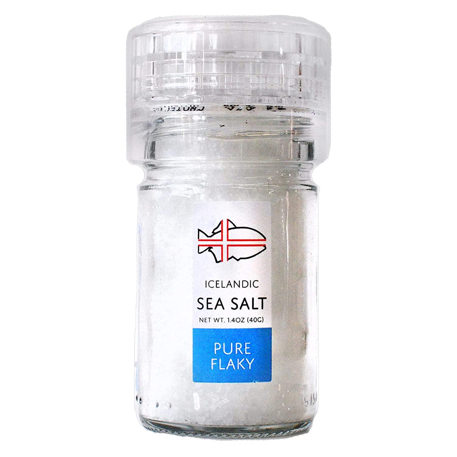 Nordic Catch Icelandic Sea Salt, Less Processed Flaky Salt Container, Mineral Rich Flake Sea Salts with Health Benefits, Sustainably Sourced Flaky Sea Salt for Baking (Pure Flaky, 40g Adjustable Grinder)