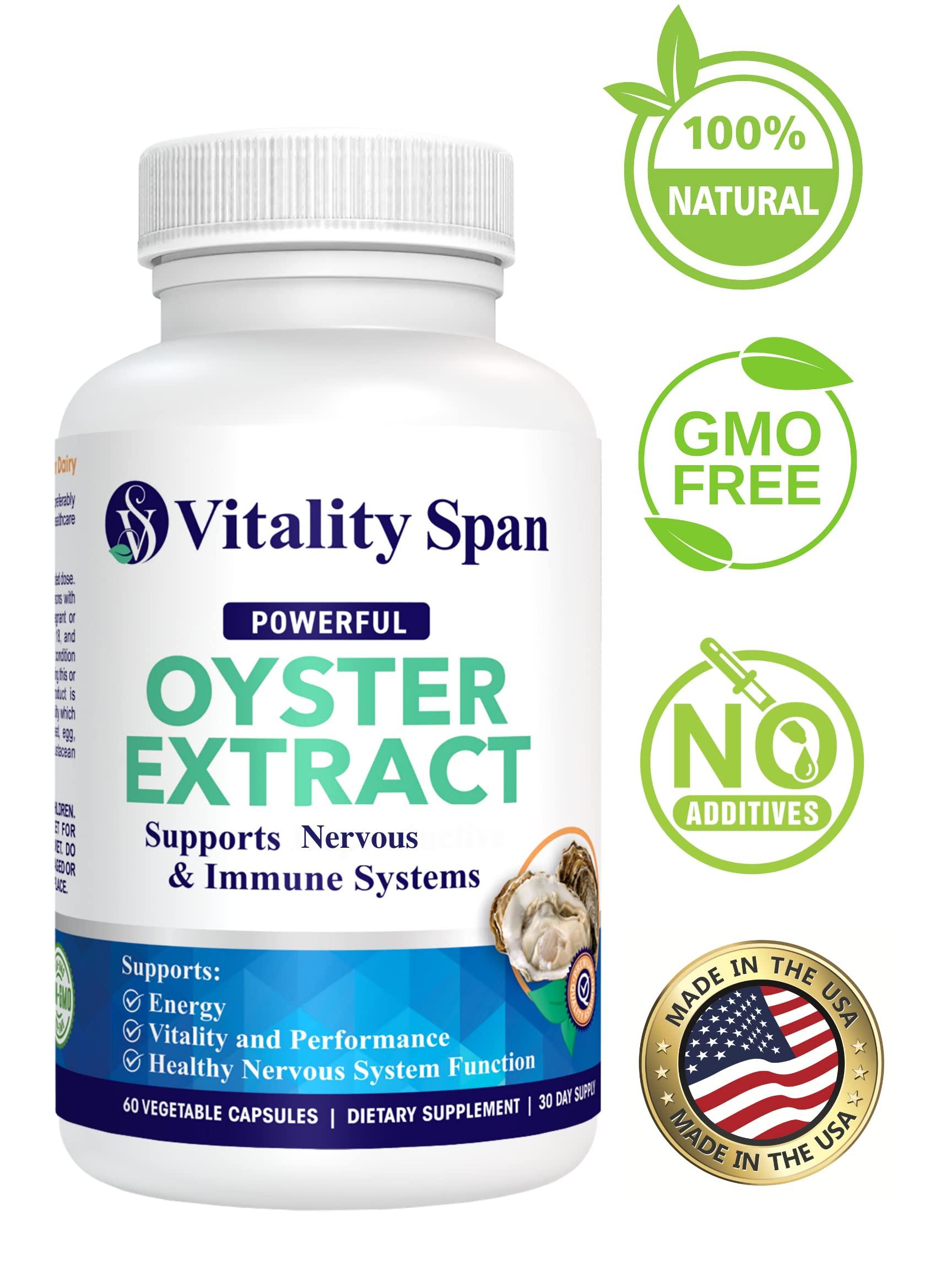 Vitality Span Vitality Span Oyster Extract - Pure, Highly Concentrated Supplement for Men & Women Supports Energy & Immune Boost; Zinc, Taurine, Amino Acids, and Vitamins, 500 mg, 60 Veg Capsules, Made in USA
