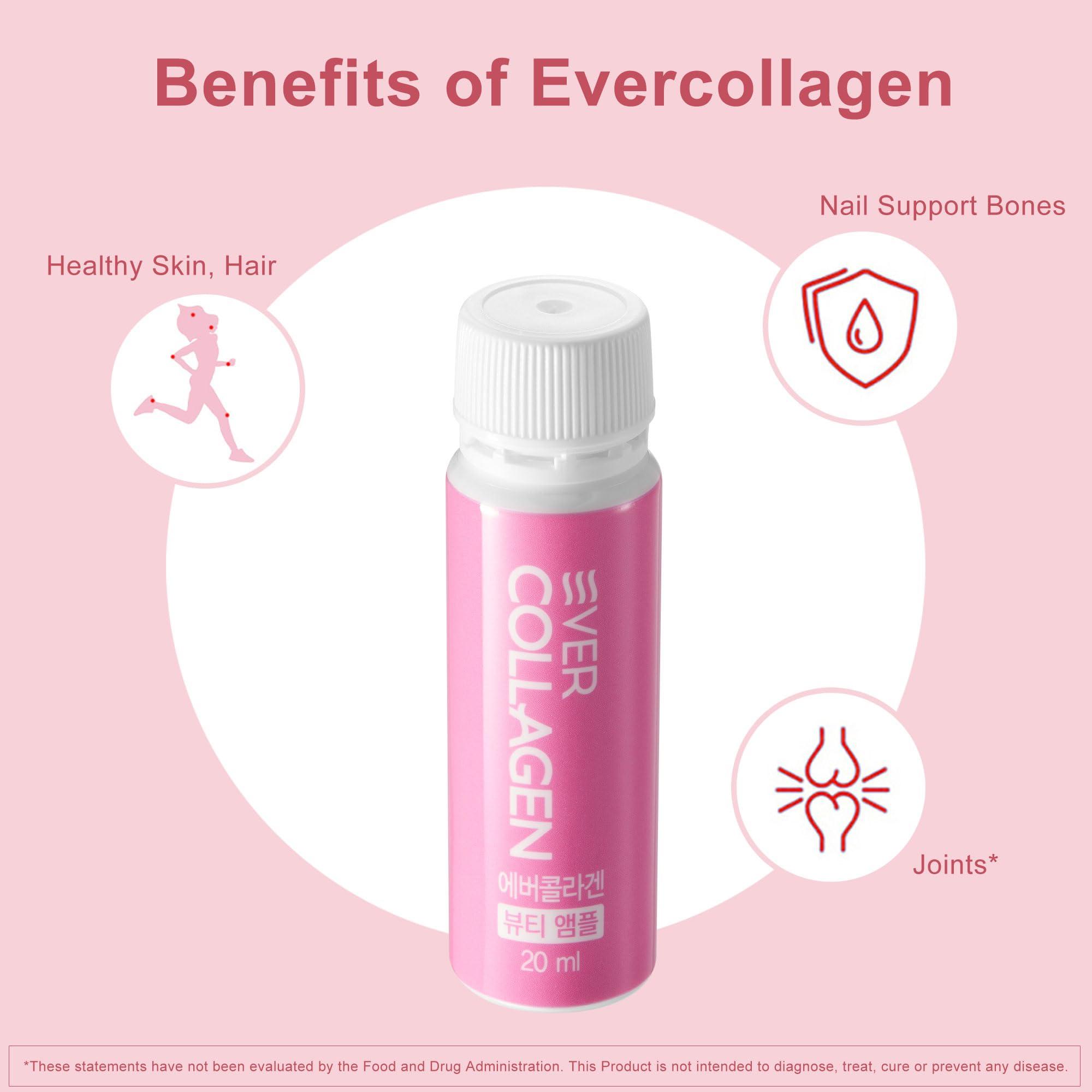 EVER COLLAGEN EVER COLLAGEN Beauty Ampoule - Liquid Marine Multi Collagen Drink Low Molecular Collagen Peptitdes Drinkable Supplement for Hair, Skin, Nail (1 Bottle Per Day, 14 Bottles)
