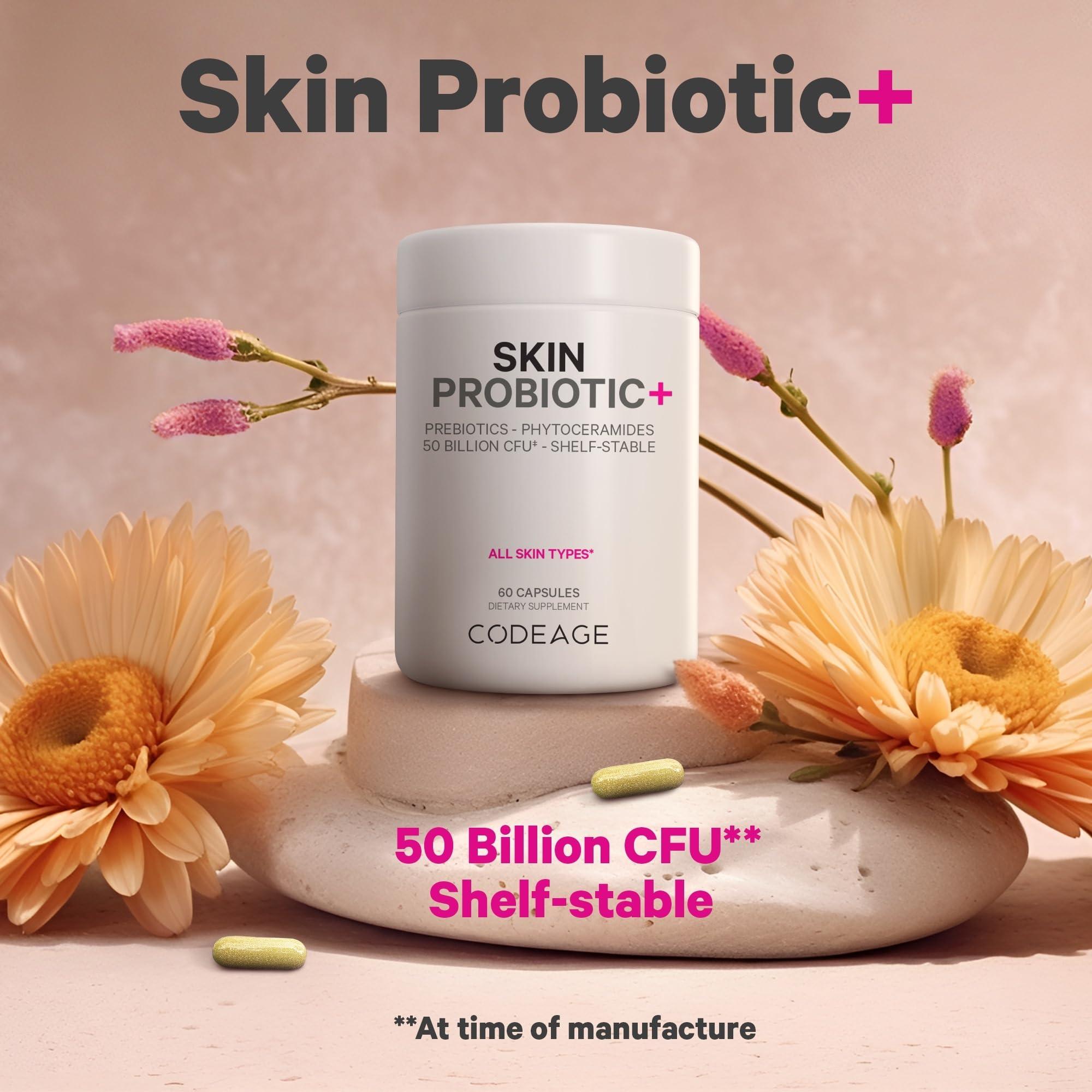 Codeage Codeage Skin Probiotics + Prebiotics - Skin Care Routine Supplement - 50 Billion CFU - Ayurvedic Botanical Herbs - Face Probiotics - Shelf Stable Cleanser, Non-GMO, Vegan - 60 Capsules