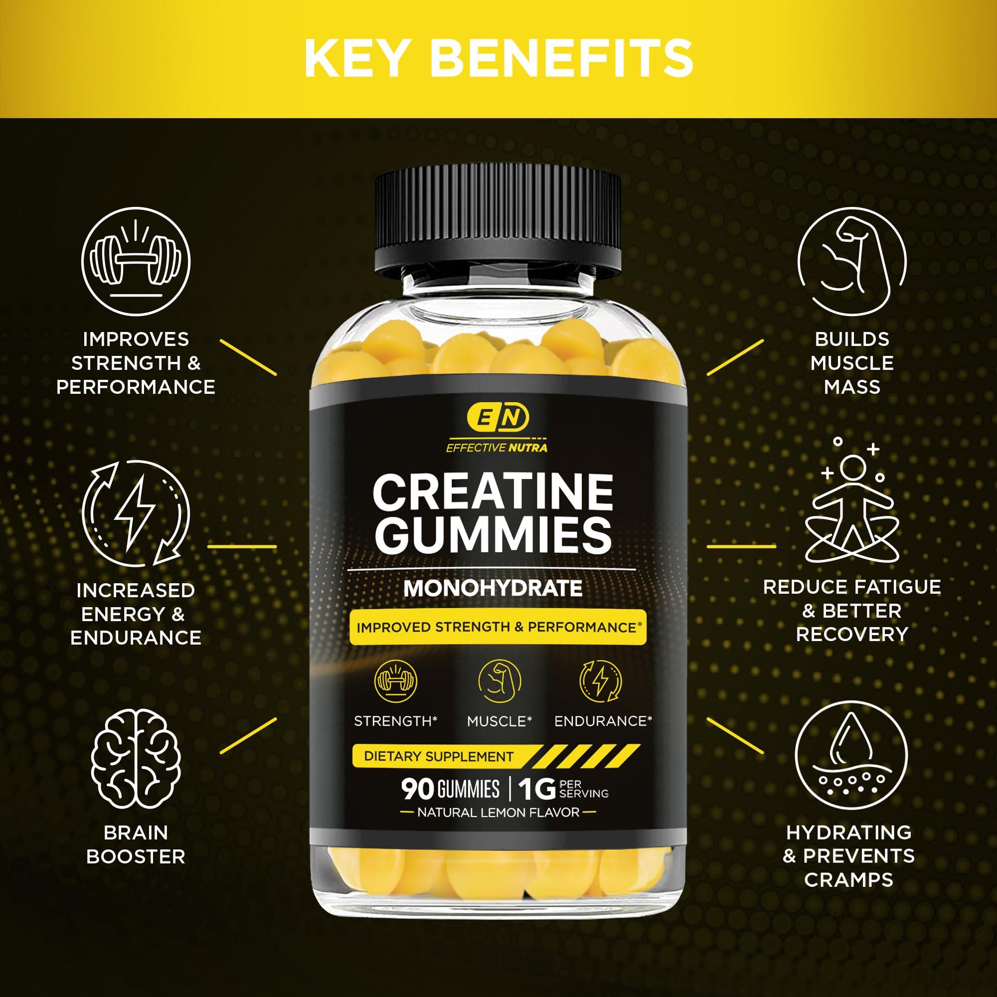 EFFECTIVE NUTRA EFFECTIVE NUTRA Creatine Monohydrate Gummies | 1g Per Gummy | Vegan Creatine Gummies Supplement for Men & Women | Strength, Muscle Growth, Energy, Endurance | Natural Lemon Flavor, Made in USA (90ct)