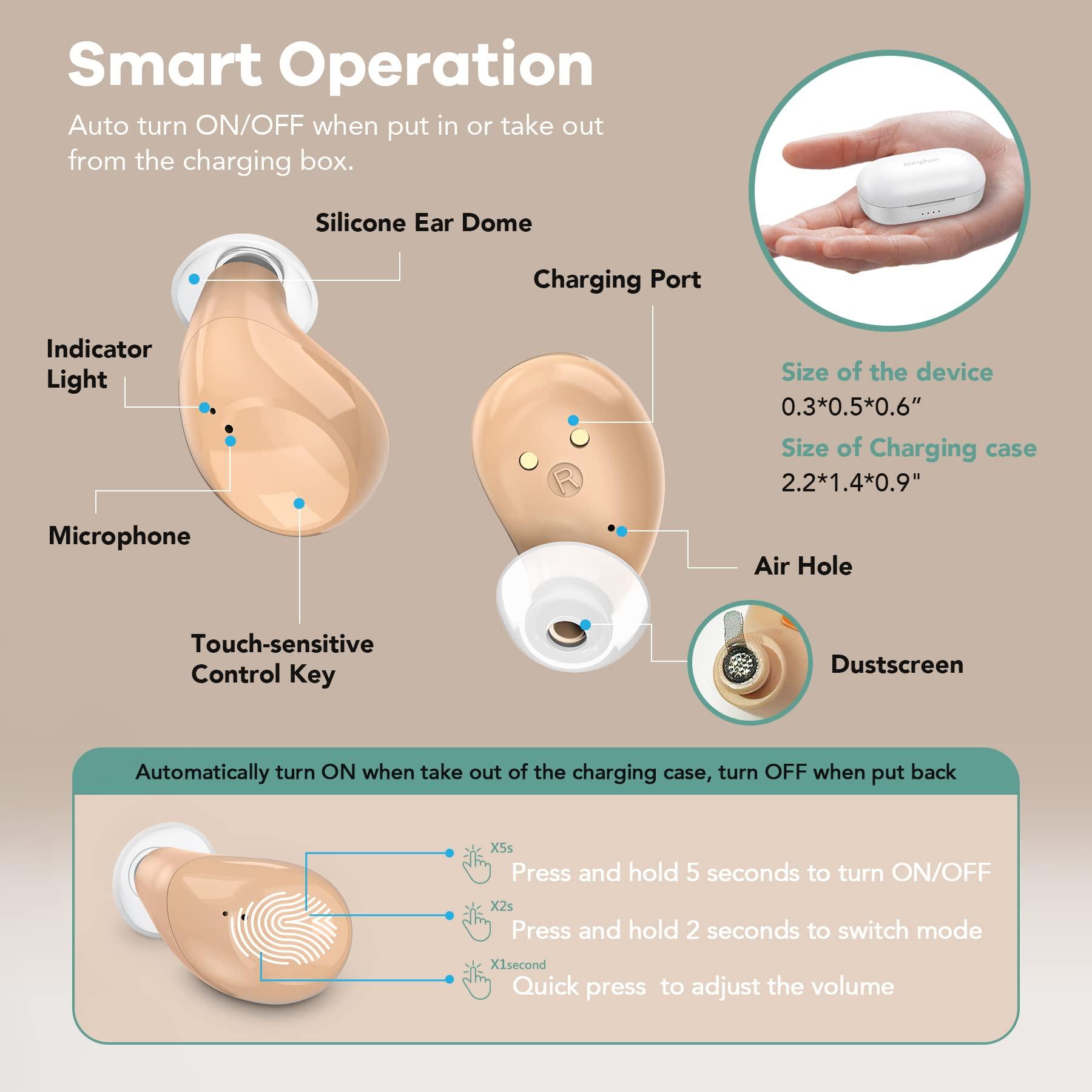 Autiphon Autiphon Rechargeable Hearing Aids for Seniors Adults with Noise Cancelling, 8-channel Digital Hearing Amplifiers, with Tinnitus Masking Mode, Pair, AT108, Beige