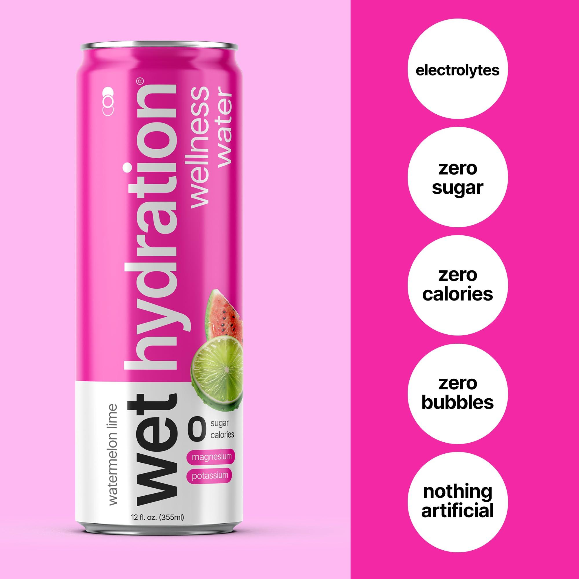WET HYDRATION Wet Hydration, Zero Calorie, Functional Wellness Water - Watermelon Lemon Lime (12 Ounce Cans, Pack of 12) - Flavored Water, Hydration Drink, No Sugar, No Artificial Ingredients, Zero Calories