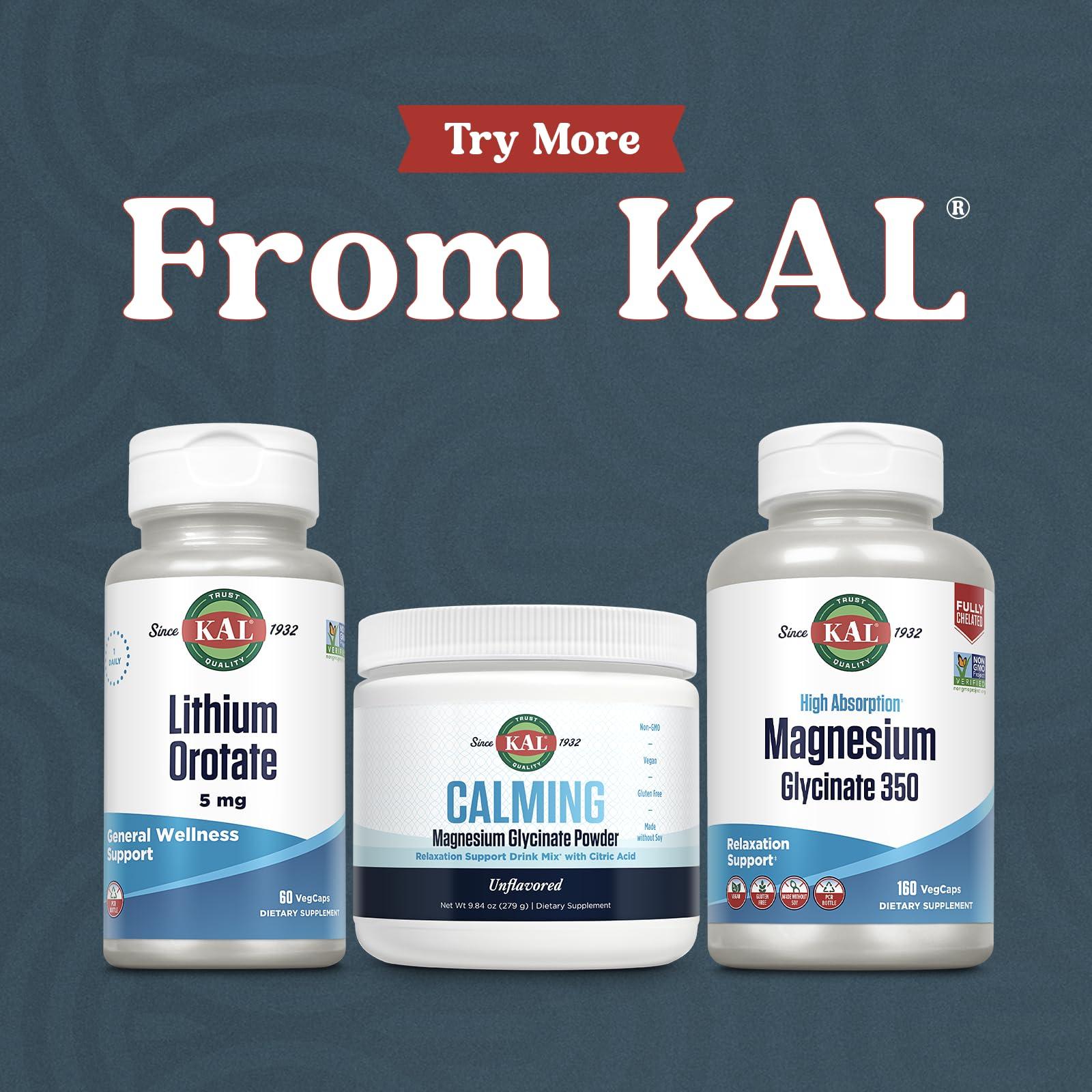KAL KAL Lithium Orotate 5mg | Low Serving of Chelated Lithium Orotate for Bioavailability & Mood Support | in Organic Rice Bran Extract Base | 60 VegCaps
