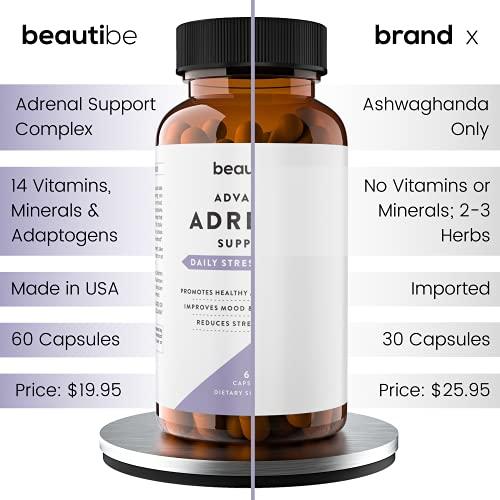 BeautiBe Adrenal Support for Women & Men Cortisol Manager Natural Stress Relief Supplement - Adrenal Fatigue, Mood Health, and Energy Supplements with Ashwagandha & L-Tyrosine 60 Non-GMO Veggie Capsules