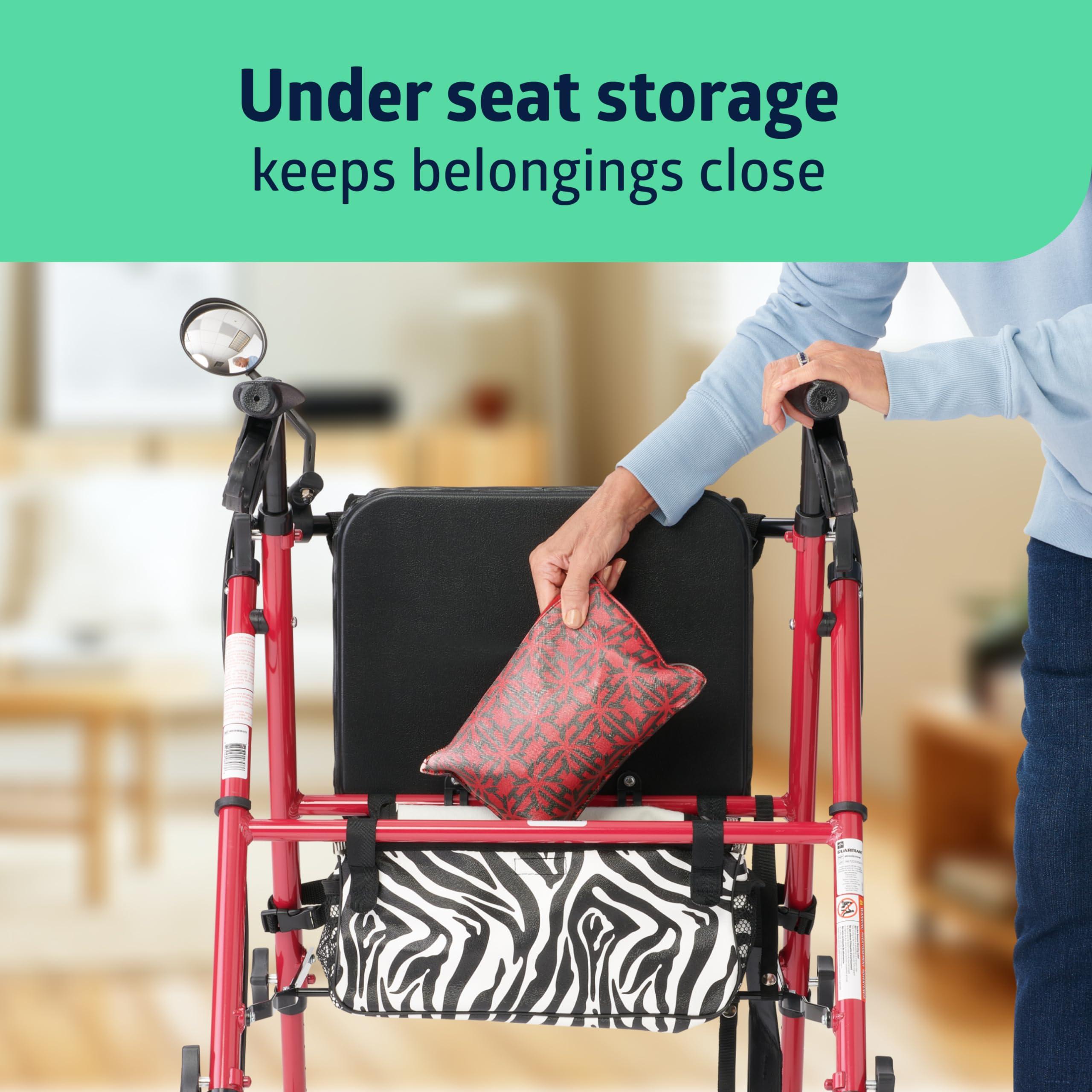 Medline Medline Posh Premium Lightweight, Foldable, Aluminum Rollator Walker with Wheels, Water Resistant, Zebra Print Bag, Pink, 6 Inch