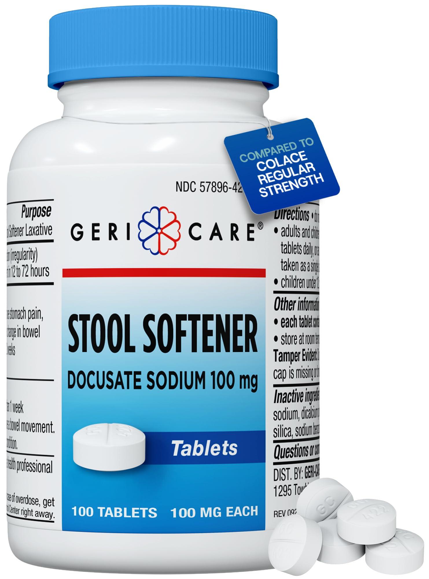 GeriCare GeriCare Docusate Sodium Stool Softeners, Best Stool Softener for Daily use for Women, Men, and Elderly - Ideal for Constipation Relief 100mg Crushable Tablets. (100 Count) Made in The USA.