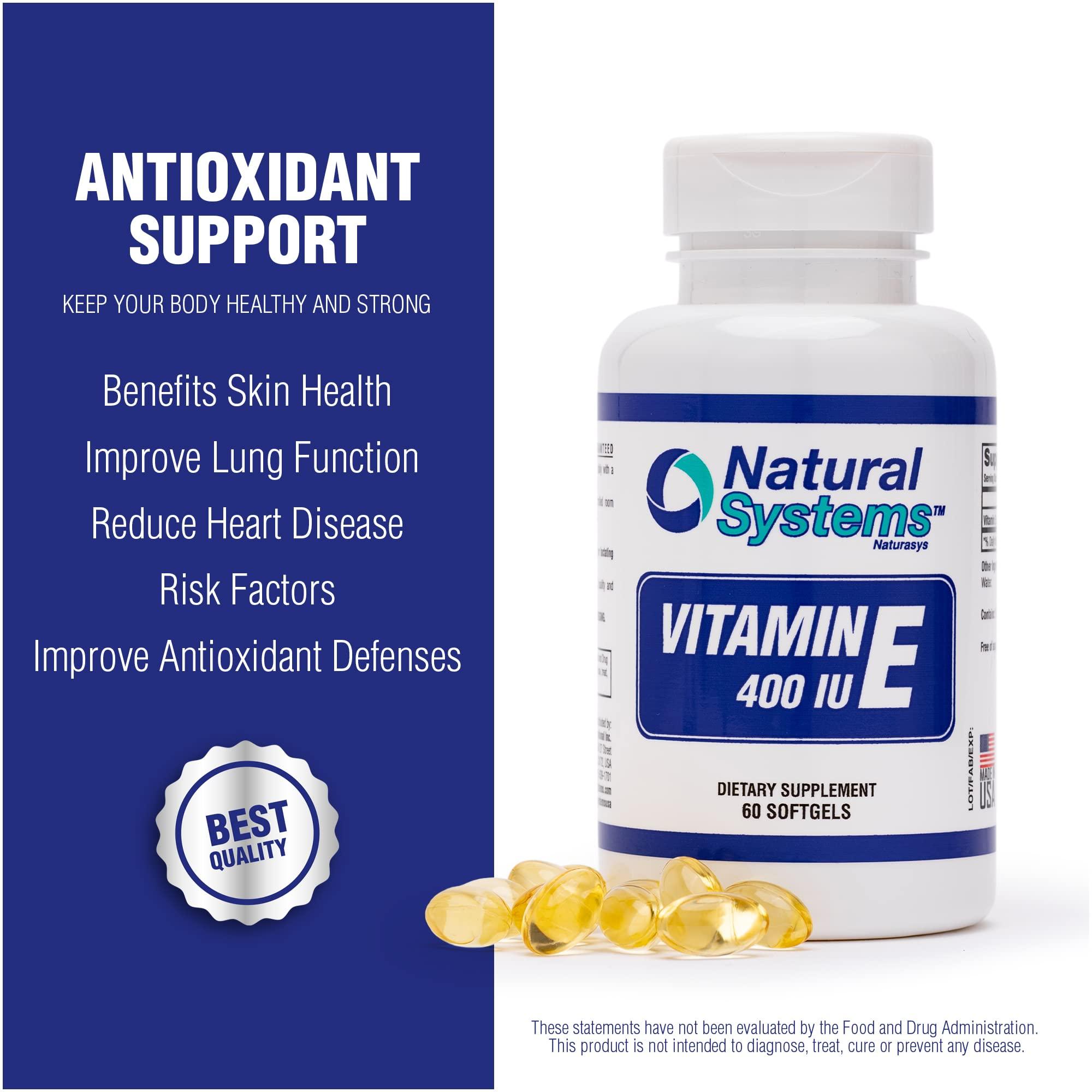 Natural Systems Naturasys Vitamin E 60 Softgels 400 IU by Natural Systems - Vitamin E Supplements Immune System Support * - Vitamin E Softgels Skin Care - Natural Vitamin E Non-Sugar, Non-Artificial Flavors or Preservatives
