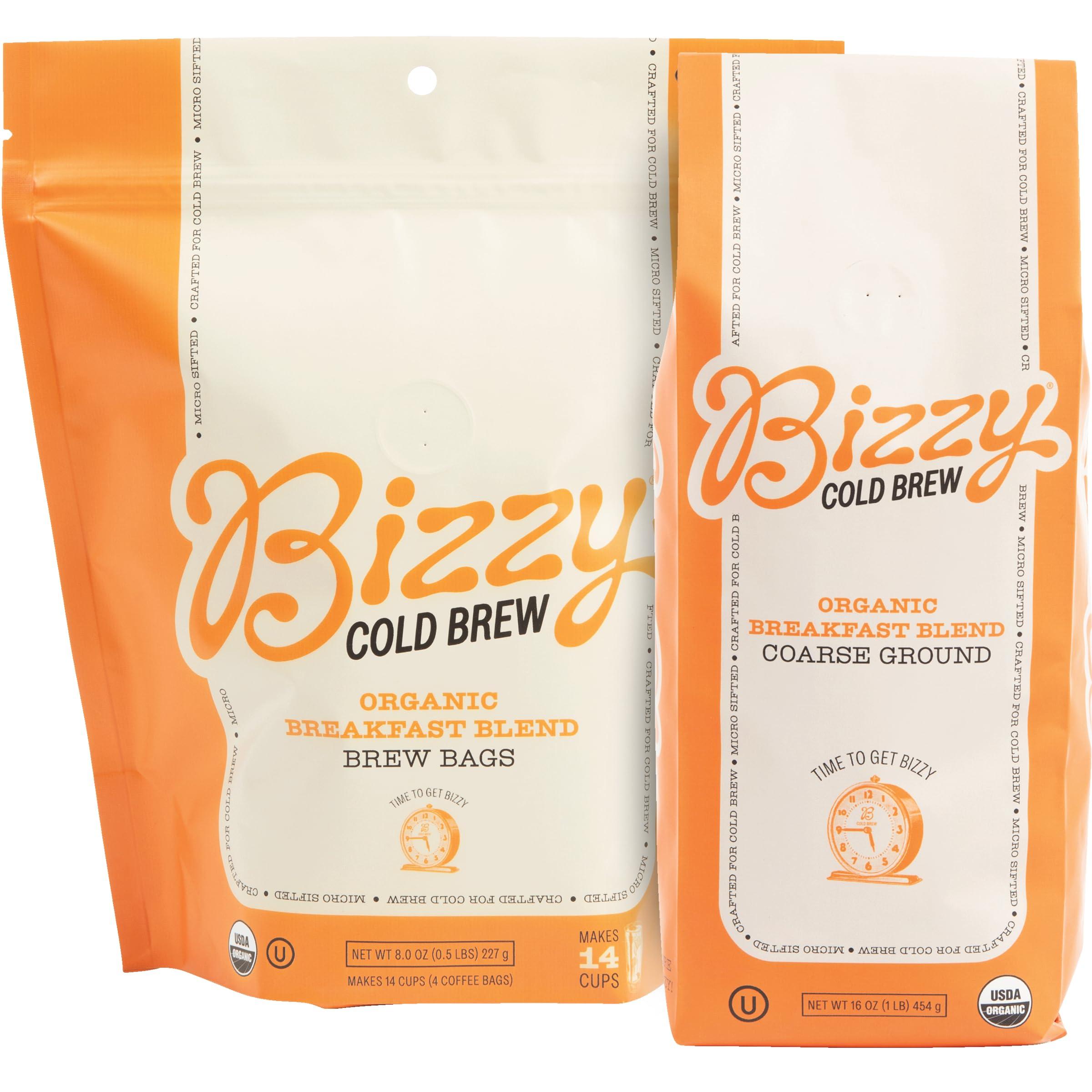 Bizzy Bizzy Organic Cold Brew Coffee | Bundle | Coarse Ground Coffee | Breakfast Blend 1 LB + Breakfast Blend Brew Bags 4-count | 2 Pack
