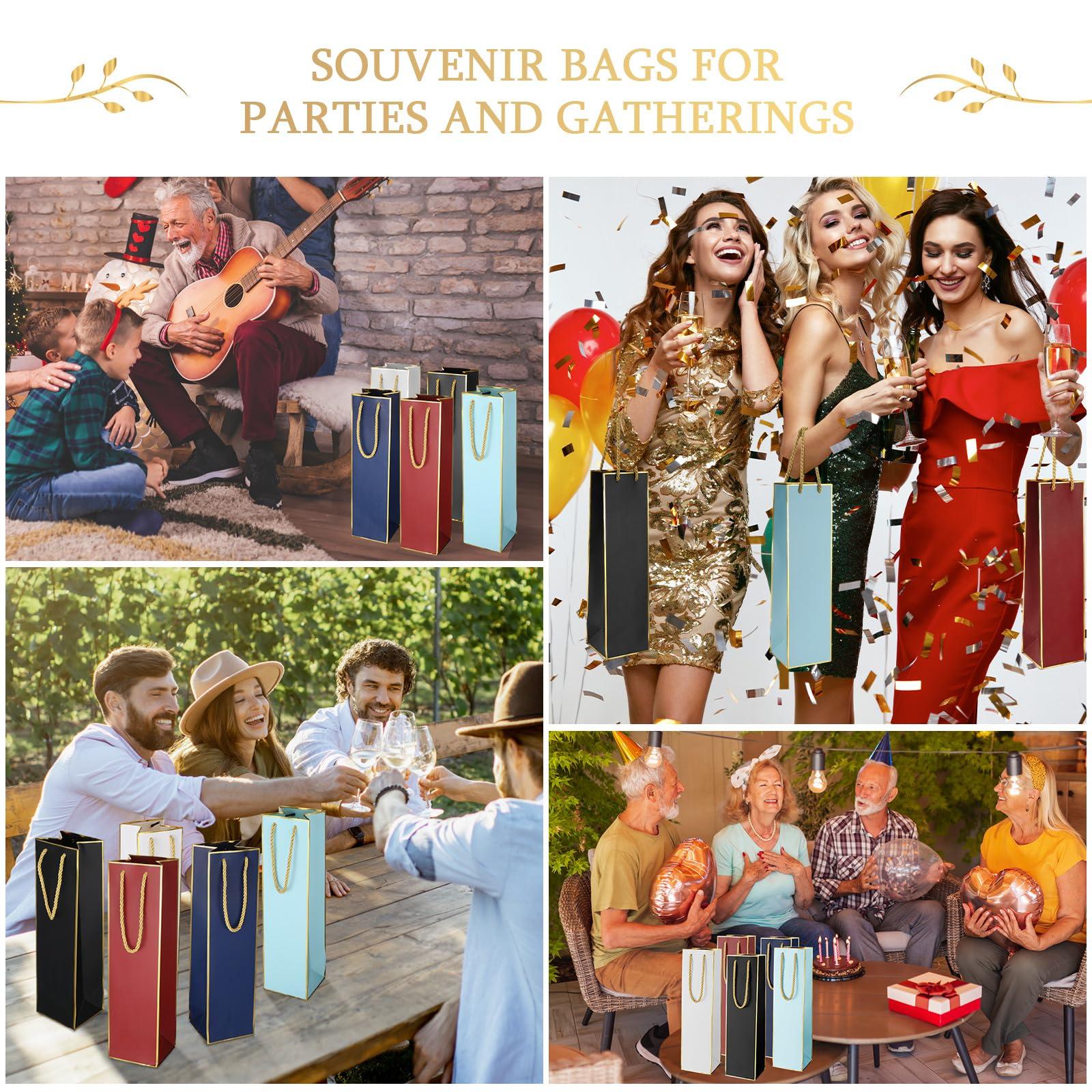 Fumete Fumete 50 Pack Wine Bottle Gift Bags Paper Wine Gift Bags Bulk 13.8x3.7x3.5 Inch with Handles for Appreciation Gifting Christmas Wedding Anniversary Birthday Party(Retro Colors)