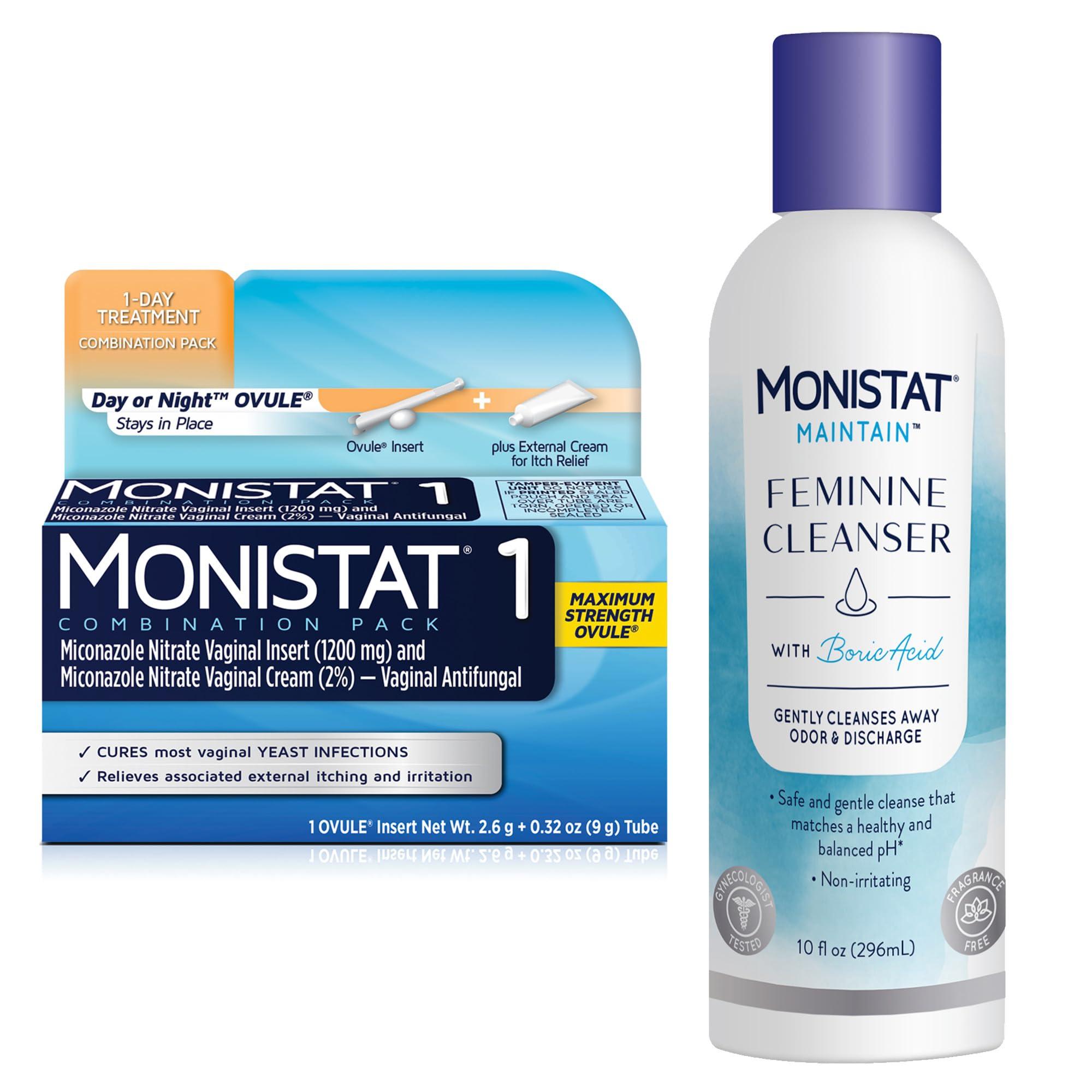Monistat Monistat 1 Day Yeast Infection Treatment for Women, 1 Miconazole Ovule Insert & External Monistat Anti-Itch Cream Bundle + 10 fl oz Boric Acid Feminine Cleanser