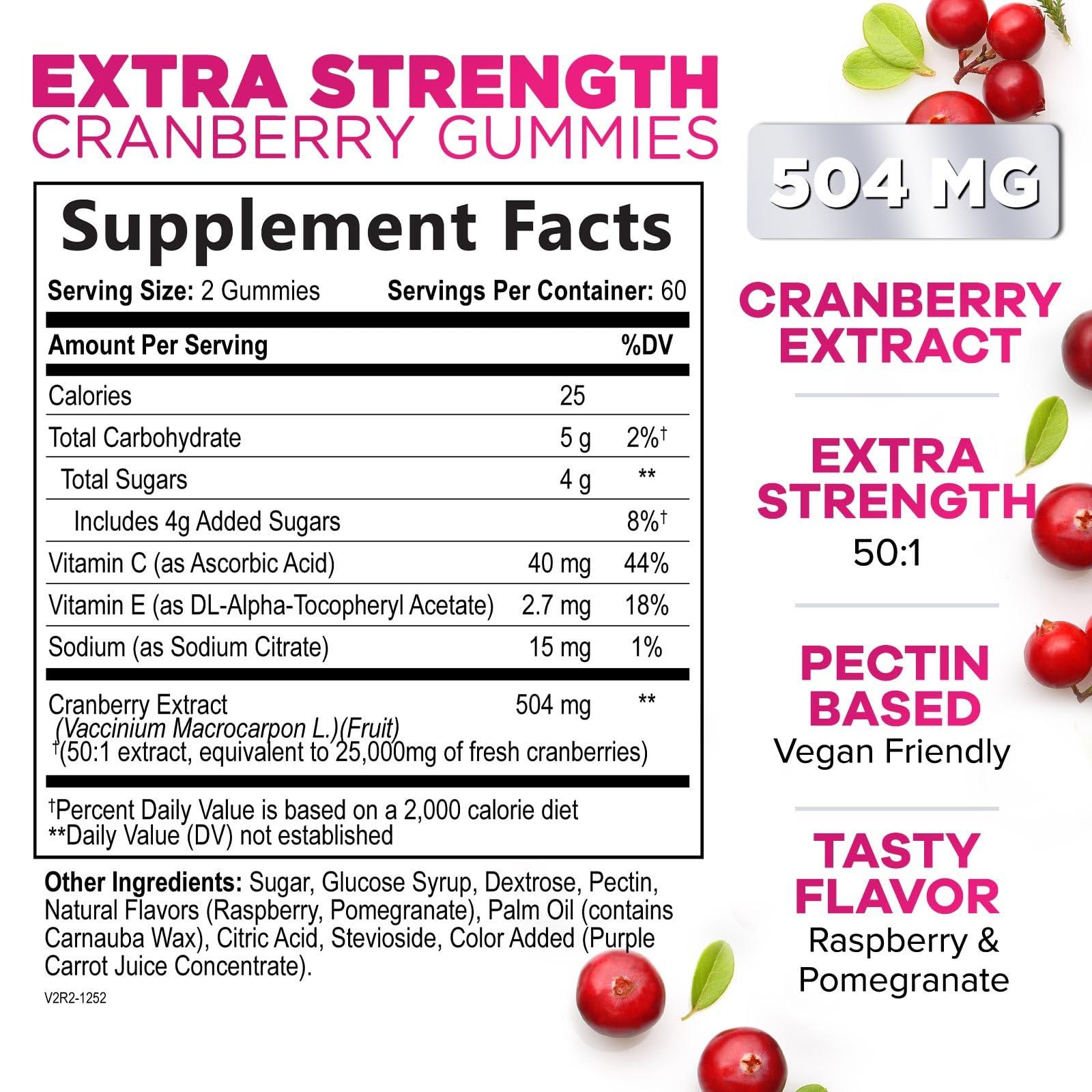 Nature's Nutrition Cranberry Gummies - Urinary Tract Health Gummy + Vitamin C - 25,000mg - Triple Strength Cranberry Concentrate Extract Supplement Pills, Ultimate Potency, Non-GMO, Gluten Free - 120 Gummies