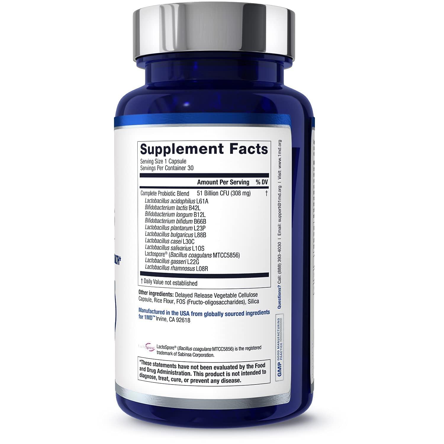 1MD Nutrition 1MD Complete Probiotics Platinum | Supports Digestive Health | with Nourishing Prebiotics, 51 Billion Live CFU, 11 Strains, Dairy-Free | 30 Vegetable Capsules (2-Pack)