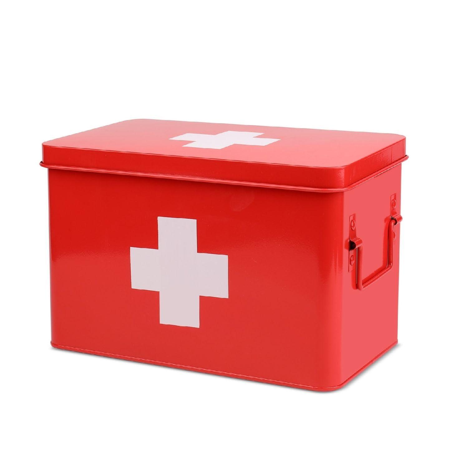 Flexzion Flexzion First Aid Box Organizer Empty 13\" Red Vintage First Aid Kit Tin Metal Medical Box - First Aid Storage Box Container Bins with Dividers, Removable Tray and White Cross Logo