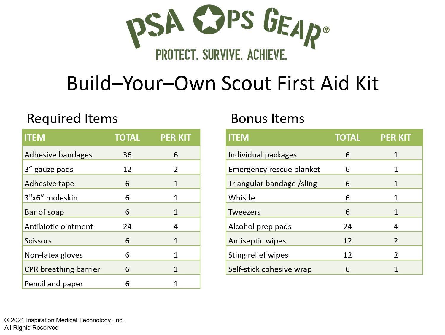 PSA Ops Gear Scout Personal First-Aid Kit - Build-A-Kit Supply Bundle (Contains All Required Items to Make Boy Scout (BSA) Compliant Personal First-Aid Kits) (6)