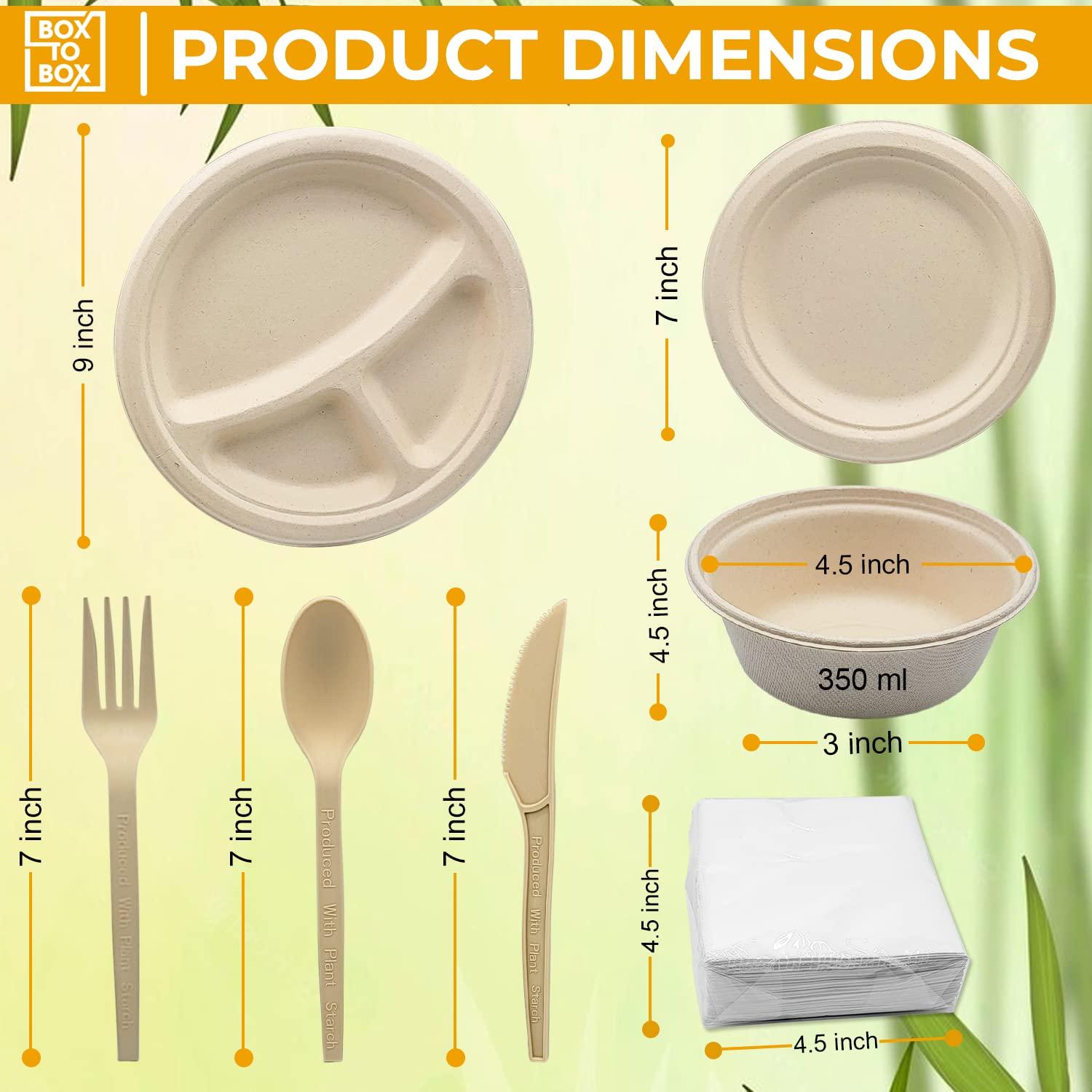 Generic BOX TO BOX Set of 200 pcs Disposable Plates, Paper Bowls, Small Paper Plates and Compostable Utensils. Heavy Duty Paper Plates. Party Plates. Ecofriendly and Biodegradable Plates. Bulk Paper Plates