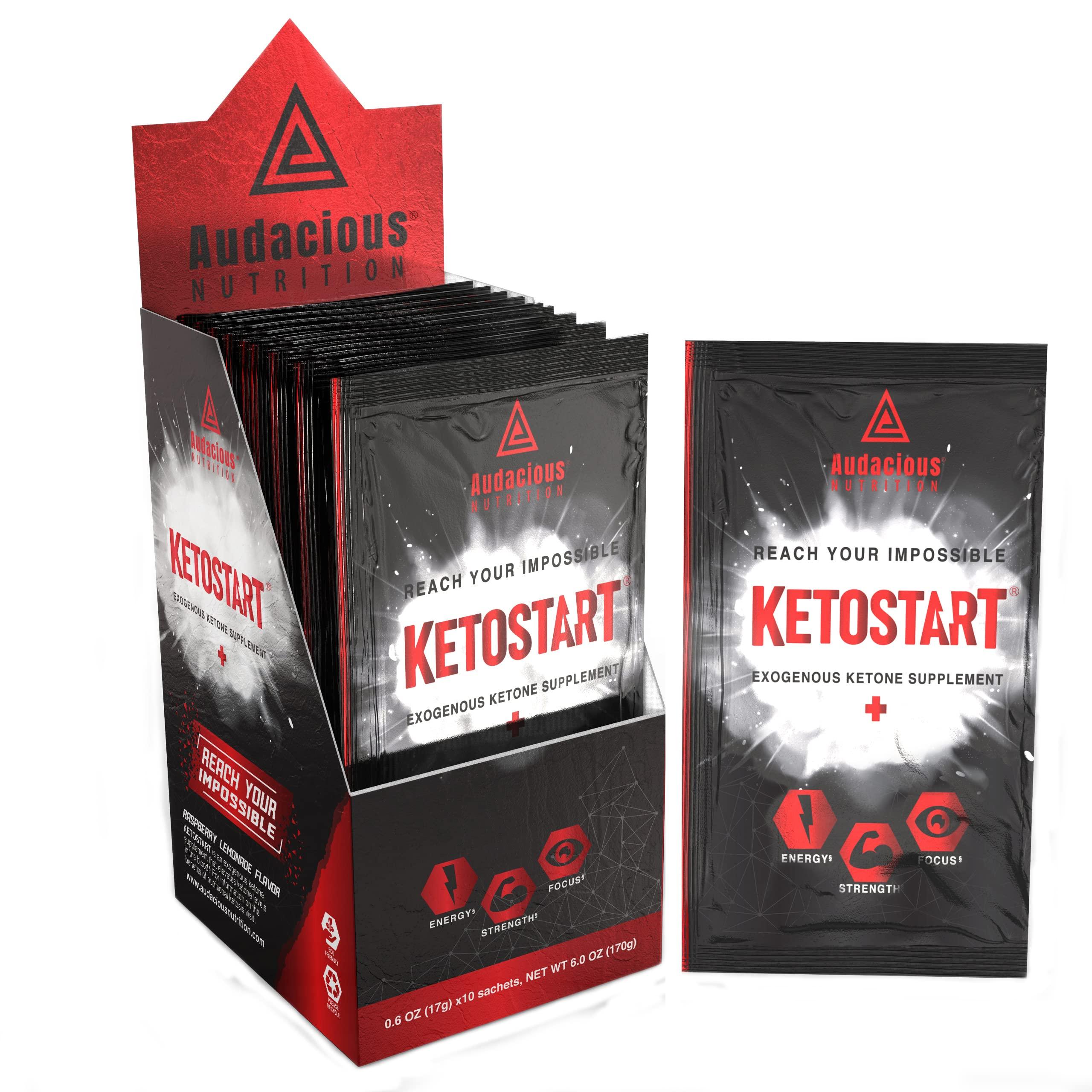 Audacious Nutrition Audacious Nutrition KetoStart+ | Exogenous Ketones Powder with Electrolytes for Energy, Strength & Focus | with Caffeine | Raspberry Lemonade Flavor Electrolyte Powder (10x Ketones Drink Mix Packets)