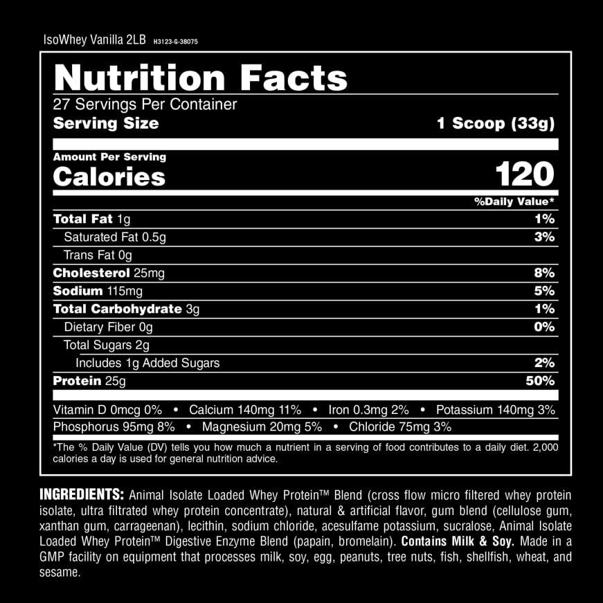 Animal Animal Whey Isolate Protein Powder - Loaded for Pre & Post Workout Muscle Builder and Recovery with Digestive Enzymes for Men & Women - 25g Protein, Great Taste, Low Sugar - Vanilla 2 lbs