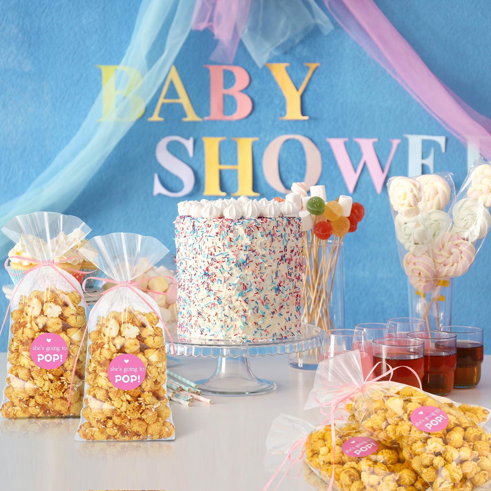 Menkxi Menkxi 100 Pack Clear Popcorn Bags Bulk 4.92 x 10.83 Inch Cellophane Treat Plastic Party Favors Bags with She Is Going to Pop Label and Ribbon for Gift Wrapping, Food Storage, Baby Shower Decor(Pink)