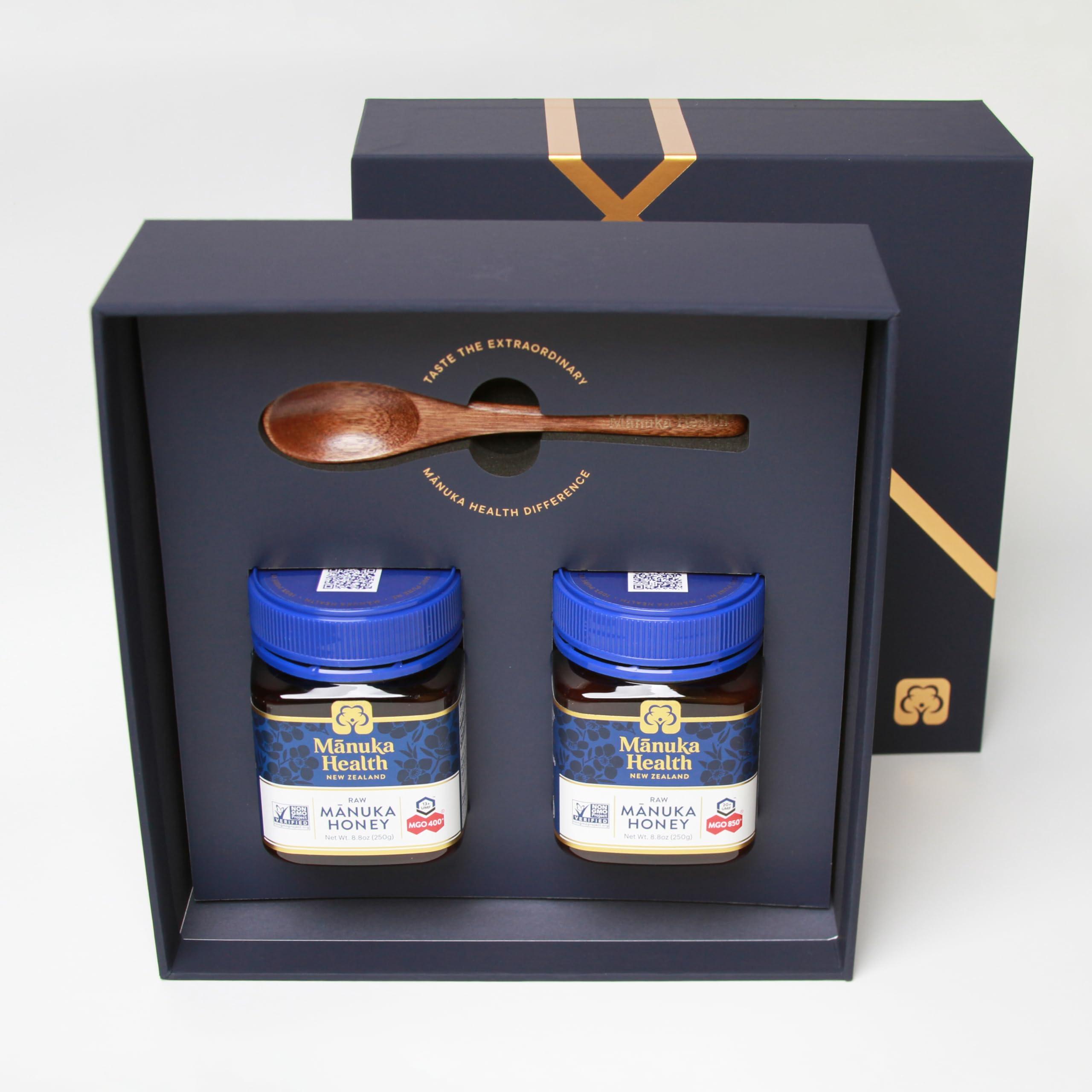 Manuka Health Manuka Health Holiday Gift Set, Certified Raw Manuka Honey from New Zealand, Includes UMF 20+/MGO 850+ 8.8oz Jar and UMF 13+/MGO 400+ 8.8 oz Jar with Wood Spoon