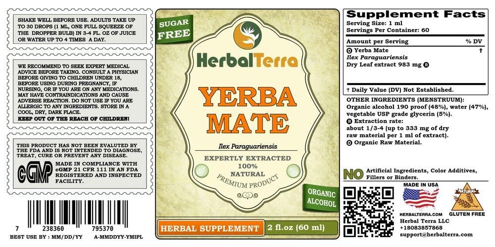 Herbal Terra LLC Yerba Mate (Ilex Paraguariensis) Tincture, Organic Dried Leaves Liquid Extract (Brand Name: HerbalTerra, Proudly Made in USA) 2x2 fl.oz (2x60 ml)