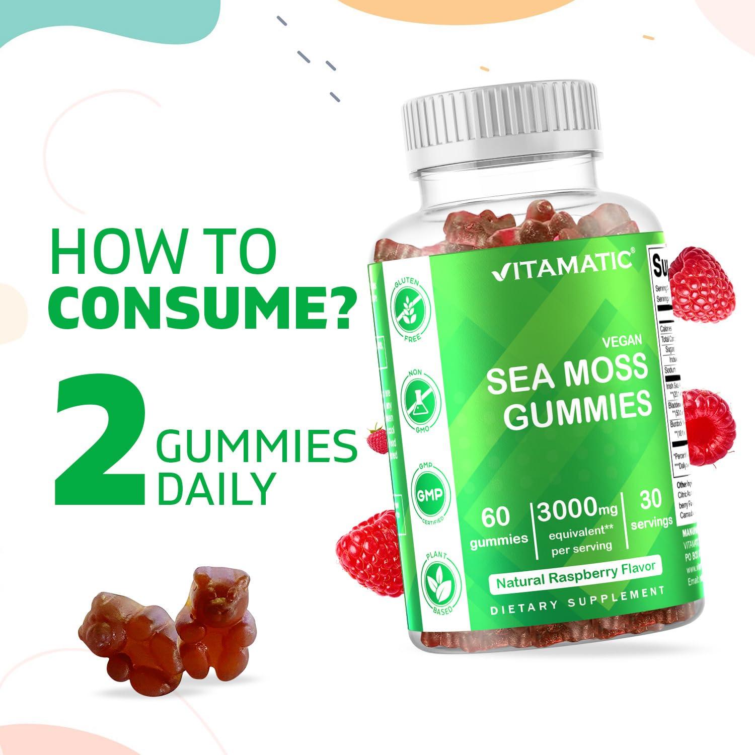 Vitamatic Vitamatic 2 Pack Irish Sea Moss Gummies- 3000mg Equivalent Per Serving (from Extract 132.5 mg) - 60 Ct - Made with Bladderwrack & Burdock Root - Seamoss Supplement for Thyroid, Energy, Immune Support