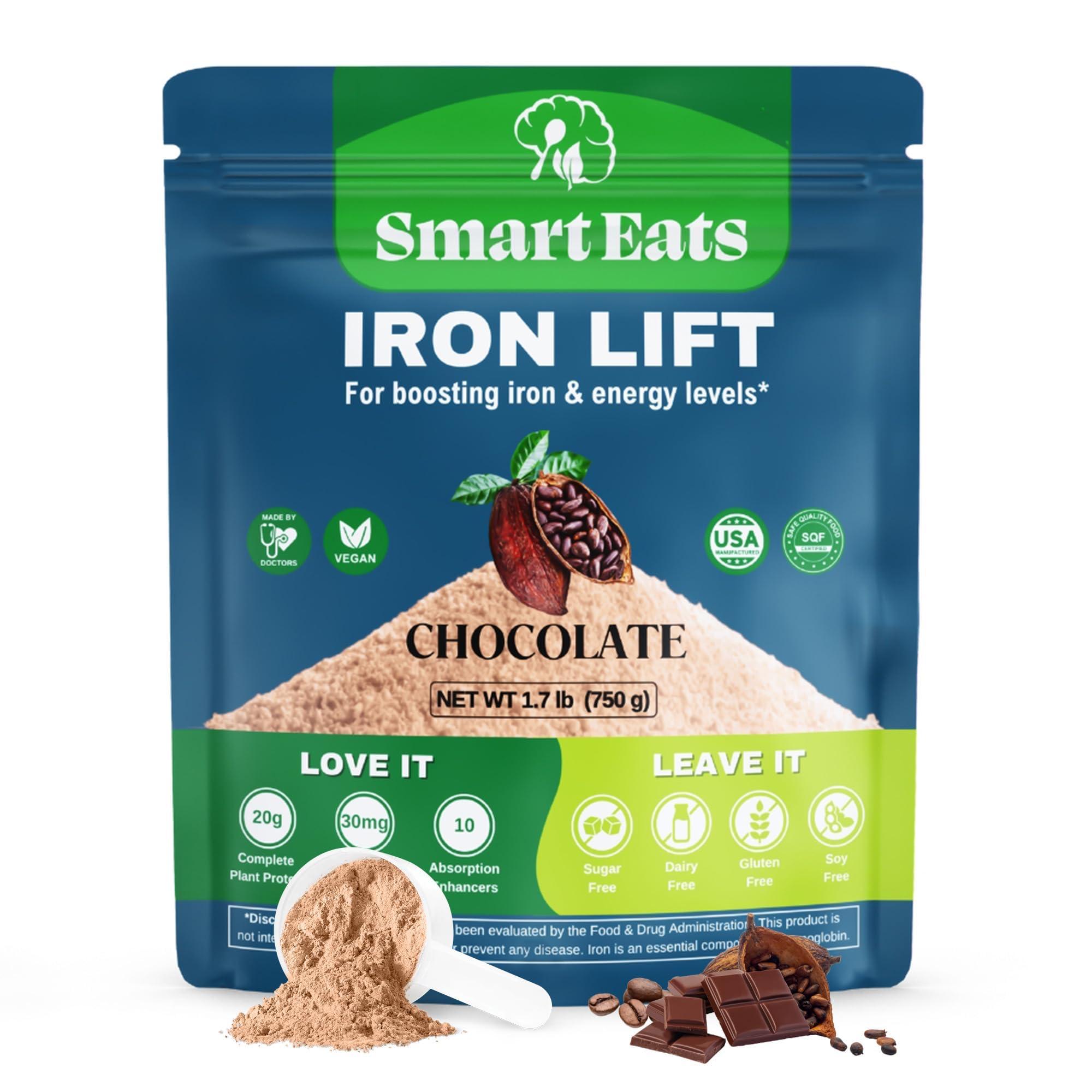 Smart Eats Smart Eats Iron Lift | Powder Iron Supplement | 30mg Iron, 20g Protein, 6g Fiber | 150% Vitamin D | Vegan | Blood Support | Easily Digested | High Iron Drinks | Boost Energy | Chocolate | 30 Scoops