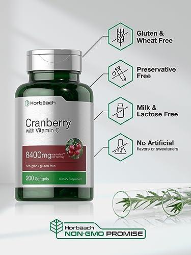 Horbach Horbach Cranberry Pills with Vitamin C | 8400mg | 200 Softgels | Concentrate Extract Supplement | Non-GMO, Gluten Free