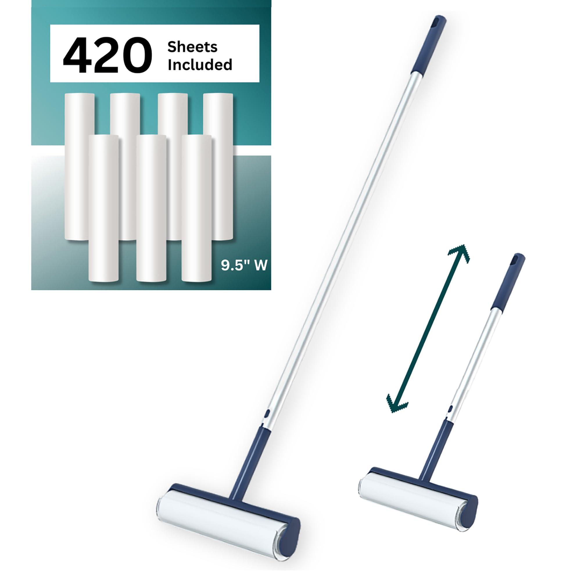 Beyond Thursday Large Lint Roller with Extra Sticky Roller and 420 Sheets 9.5\" Wide, Floor Lint Roller Long Handle, Extendable to 41\", Carpet, Couch, Pet Hair, Clothing Cleaning Supplies (Navy Roller + 7 Refills)