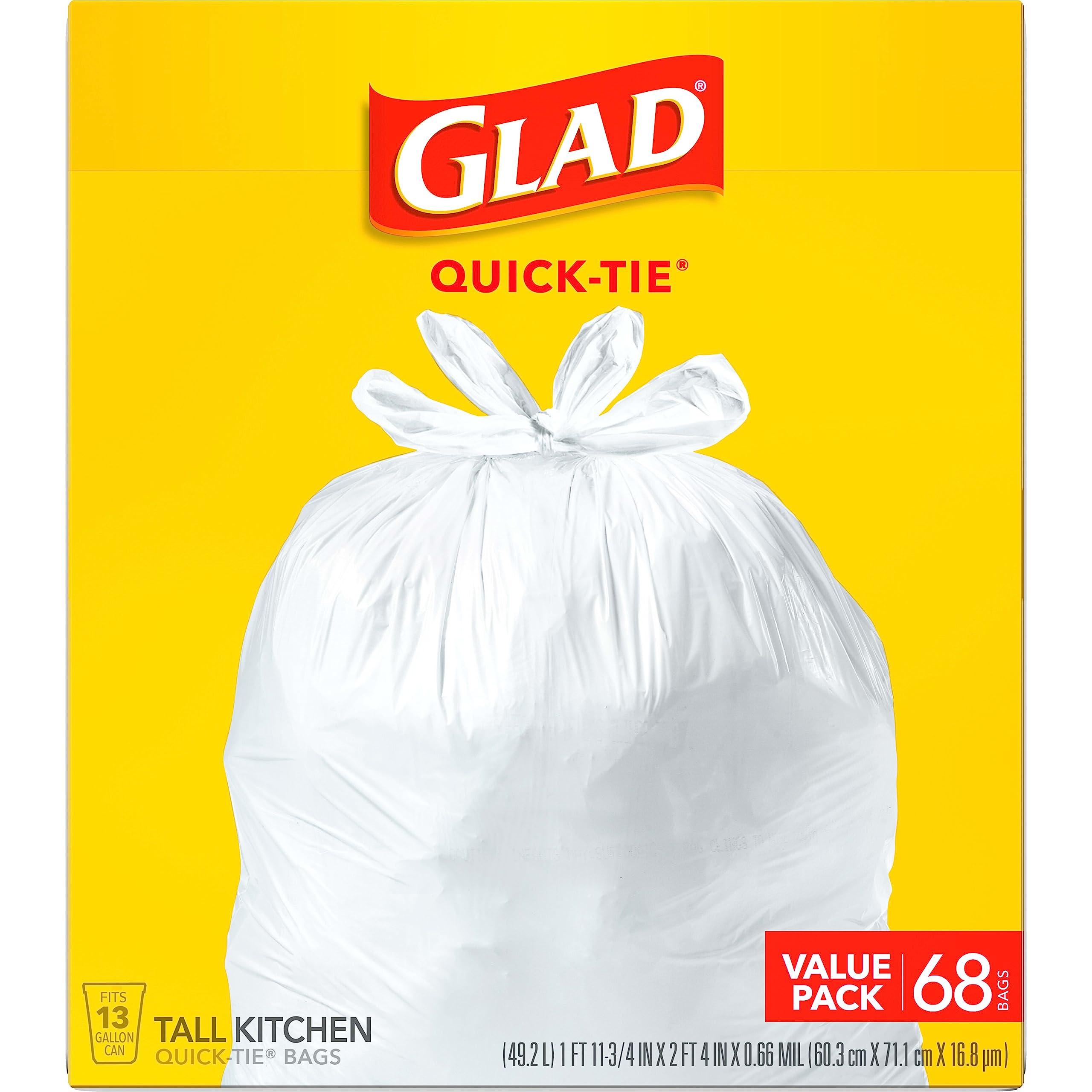 Glad Glad Tall Kitchen Quick-Tie Trash Bags, 13 Gallon, White, 68 Count, Pack May Vary (Pack of 2)