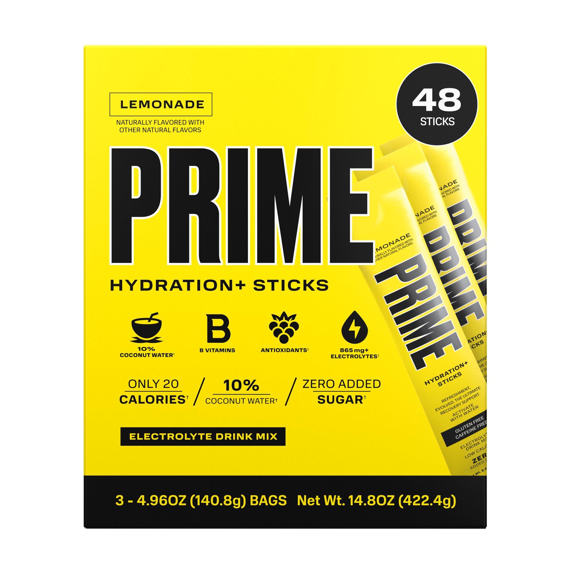 PRIME HYDRATION PRIME HYDRATION+ Sticks Lemonade | Hydration Powder Single Serve Sticks | Electrolyte Powder On The Go | 250mg BCAAs, B Vitamins, Antioxidants | Low Sugar | Caffeine-Free | Vegan | 48 Sticks
