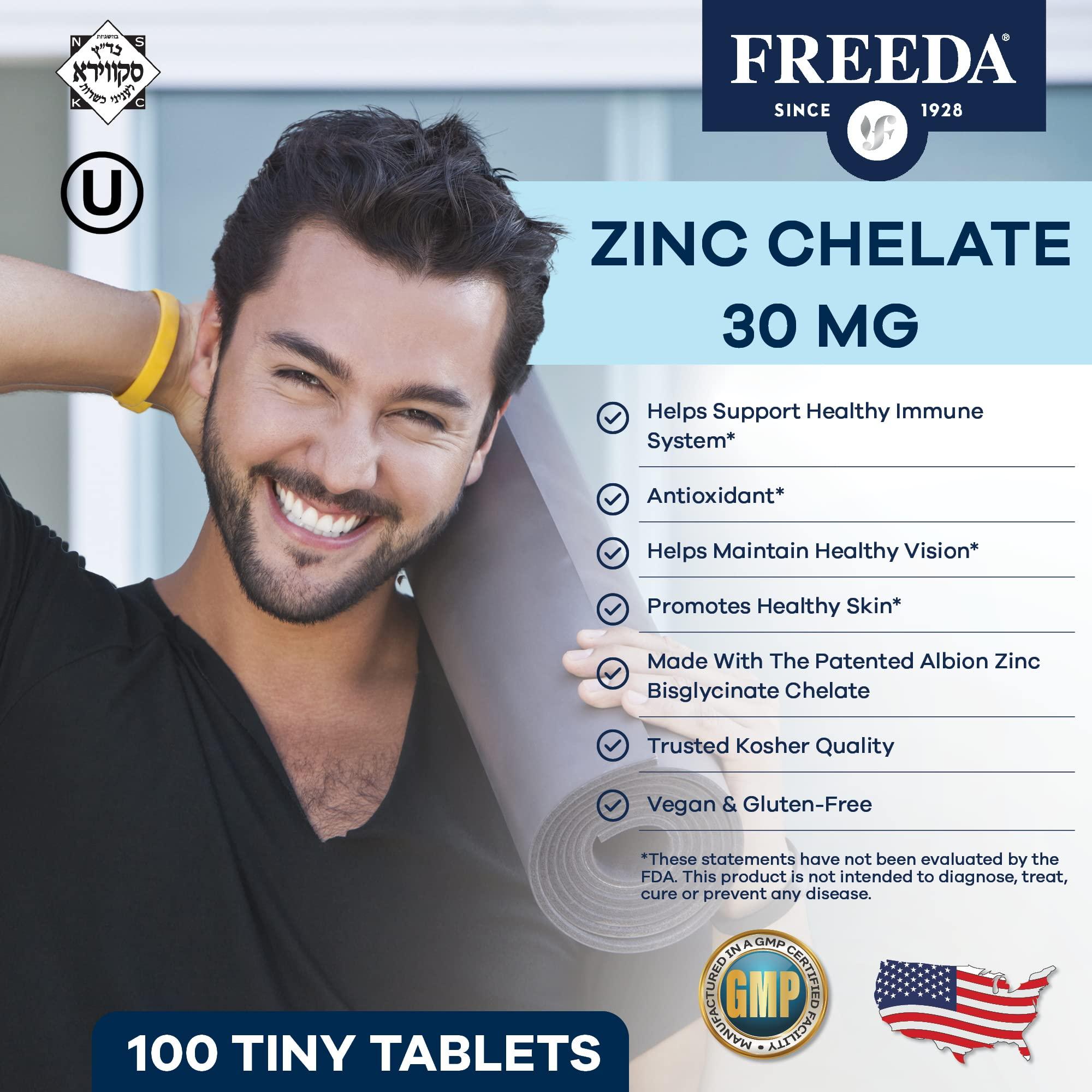 FREEDA Freeda Chelated Zinc Supplement - Kosher 30 mg Zinc Chelate Zinc Tablets as Albion TRAACS Zinc Bisglycinate - Zinc Chelated for Adults - Pure Zinc 30mg - Zinc for Men & Women - (250 Tiny Tablets)