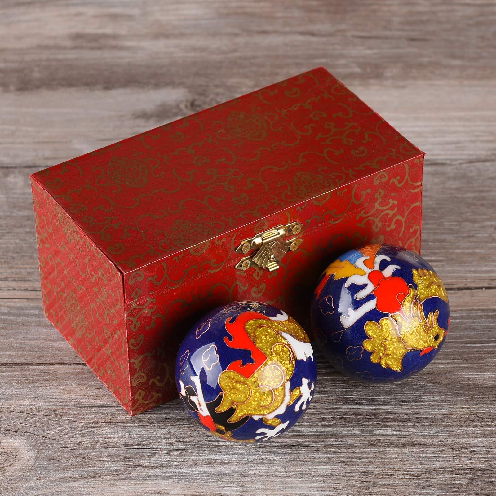 BRABUD 1.97'' Baoding Balls Hand Exercise Stress Balls with Chimes Dragon&Phoenix Pattern Blue Balls with Box Parents Gift TQZDBS81