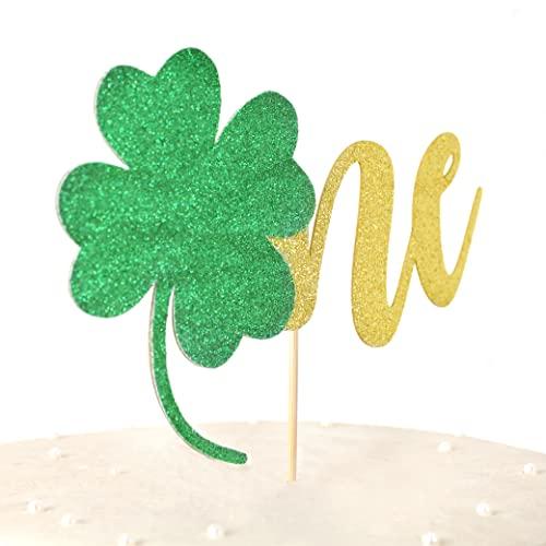 BOOMPA St Patrick’s Day Birthday Cake Topper - Lucky St Paddy’s Day Four Leaf Clover - Irish Themed Cake Decorations - Lucky 1st Happy Birthday For Gold Cake Flag - Best Photo Booth Props (ONE)